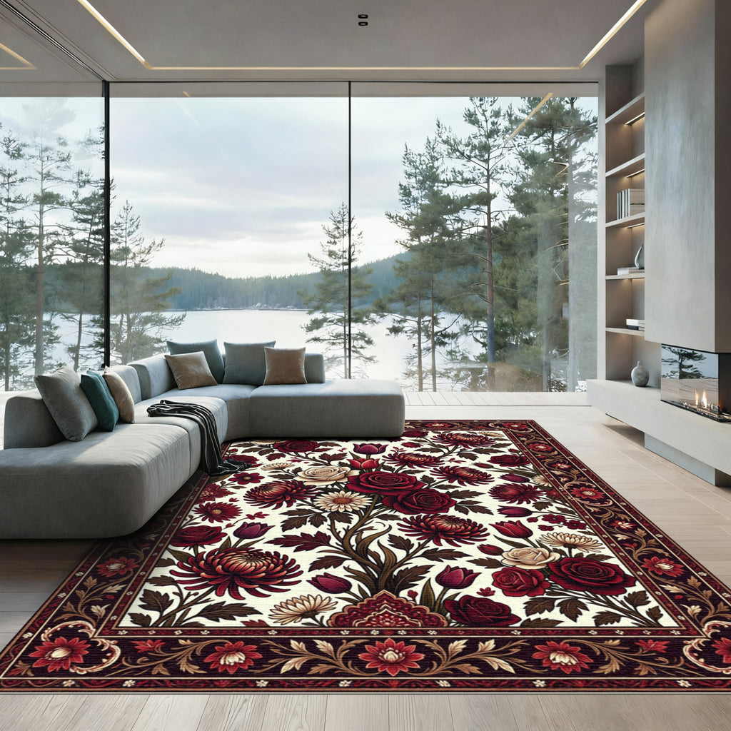Rich Crimson Floral Blossom Medallion Rug