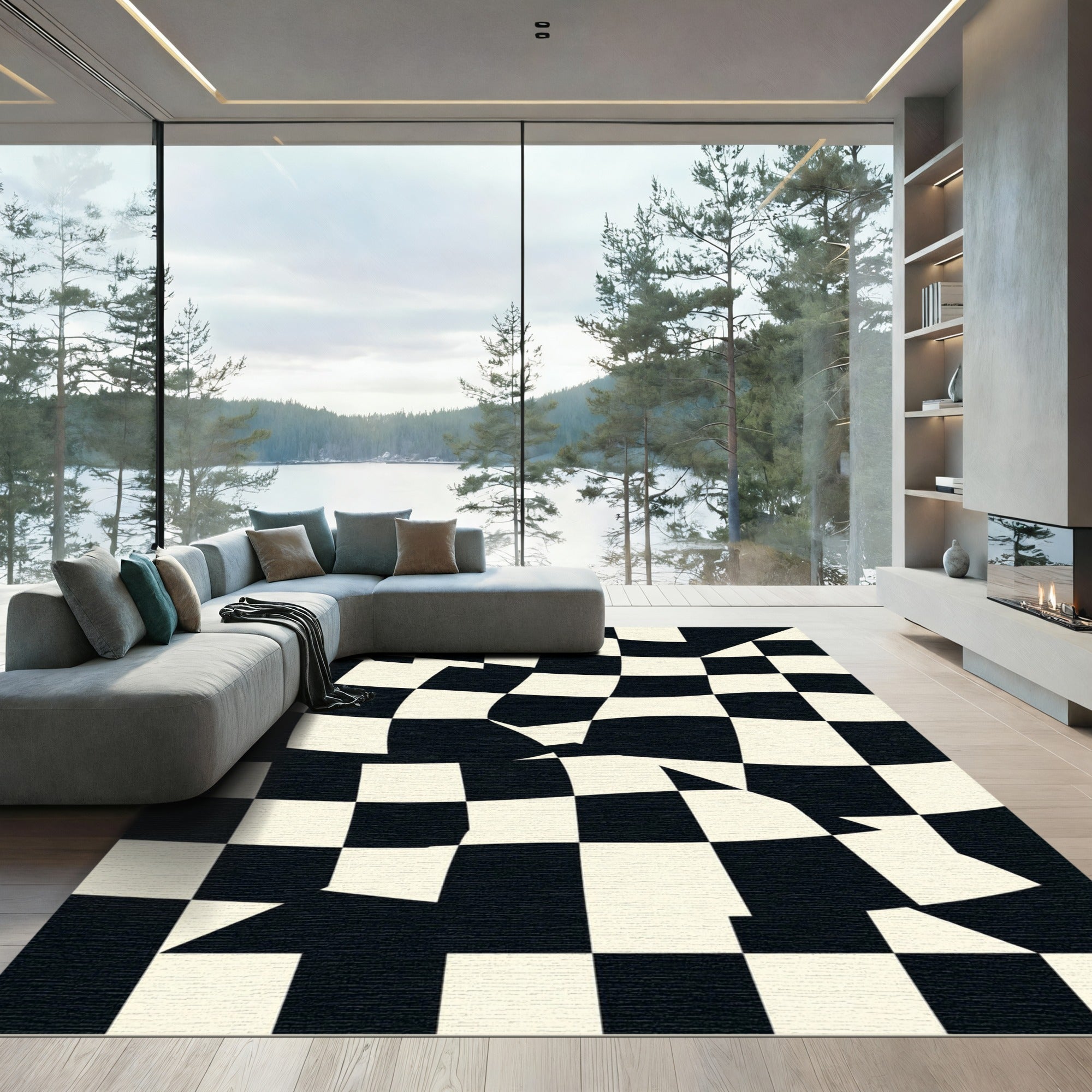 Modern Distorted Black White Checkerboard Rug