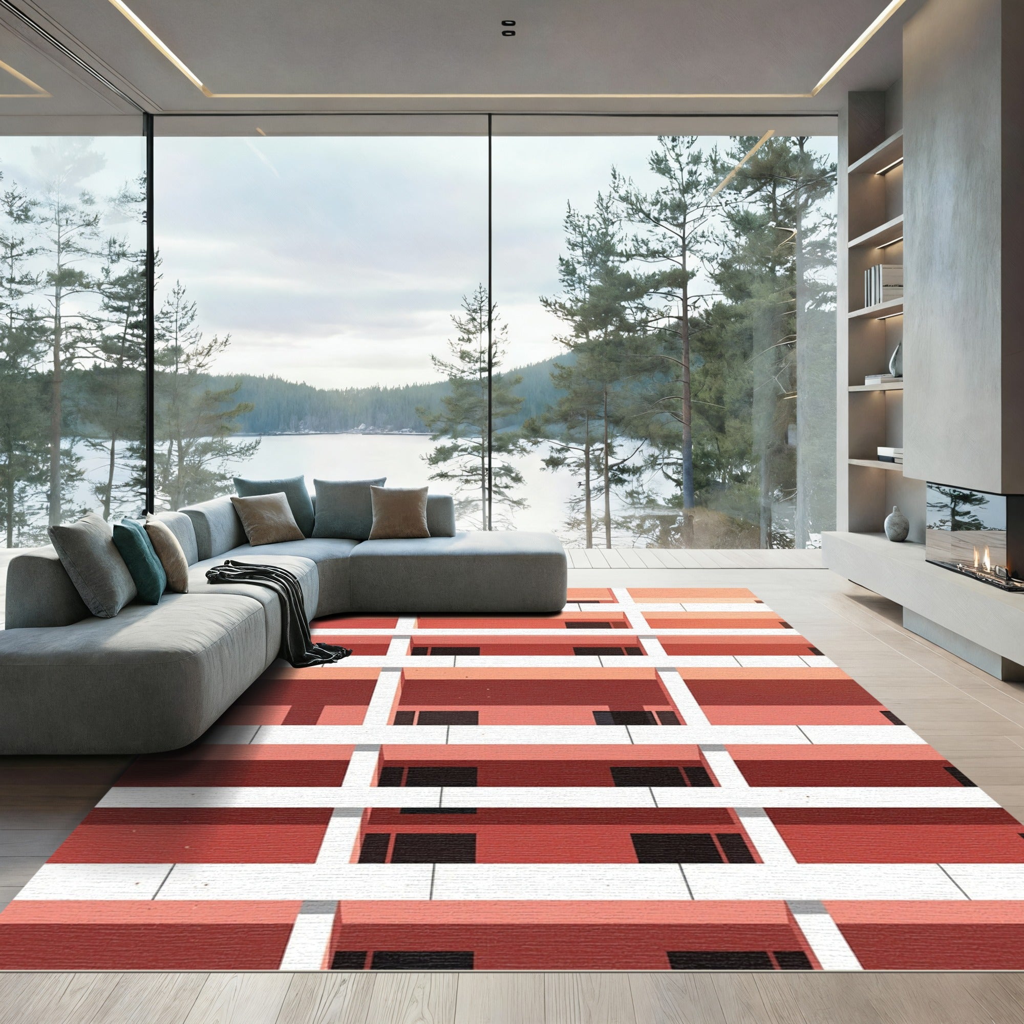 Coral Geometric Brutalist Grid Rug