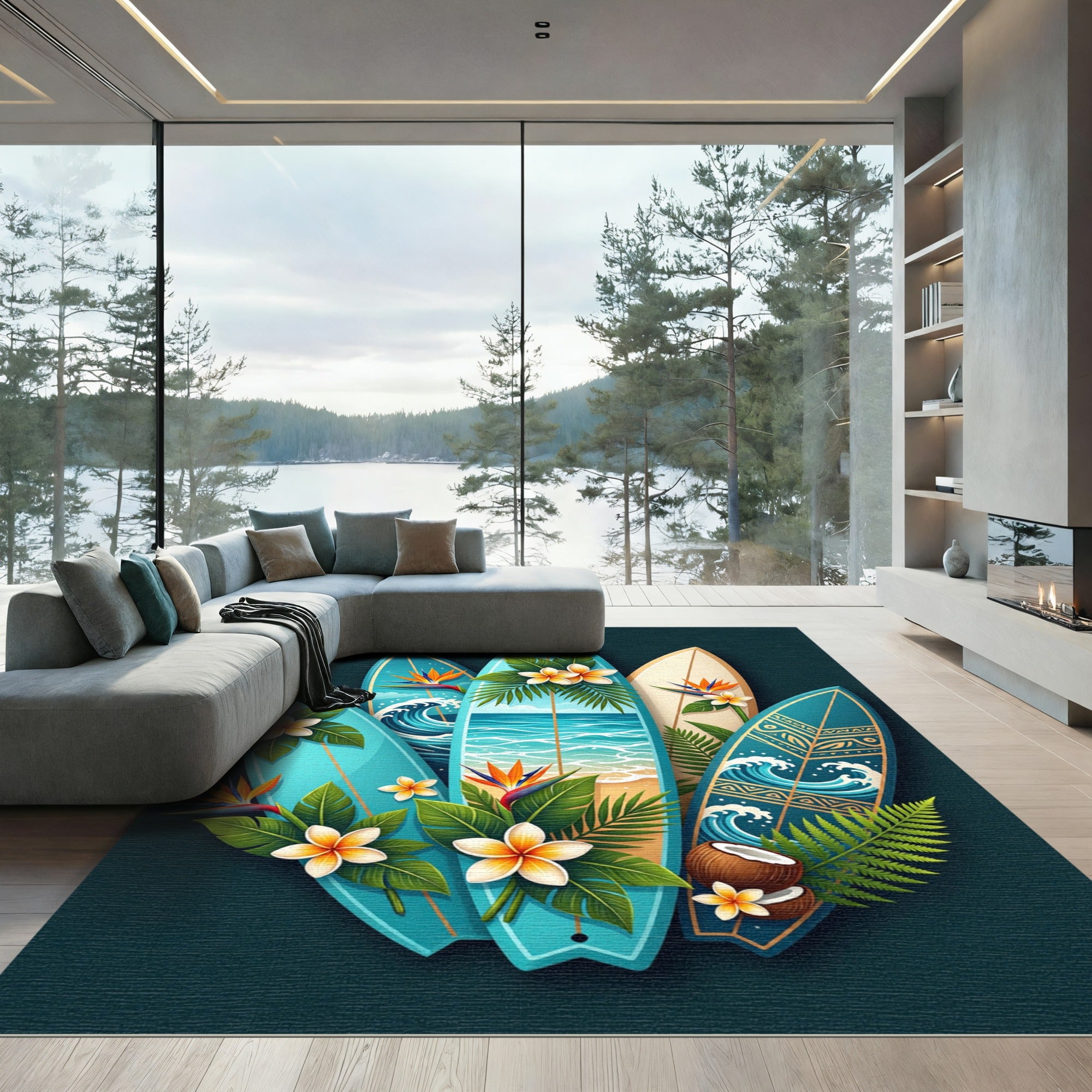 Tropical Surfboard Floral Beach Artwork Rug