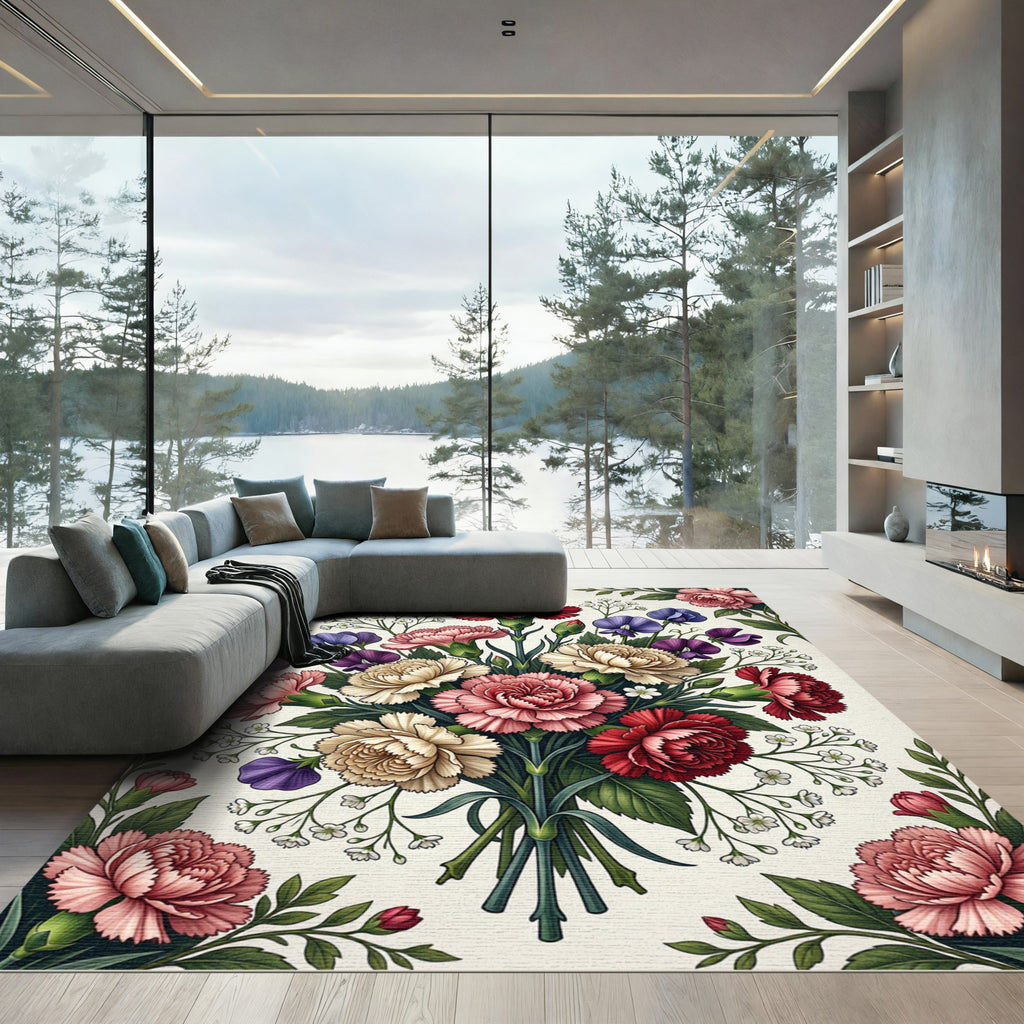 Vintage Carnation Bouquet Botanical Illustration Rug