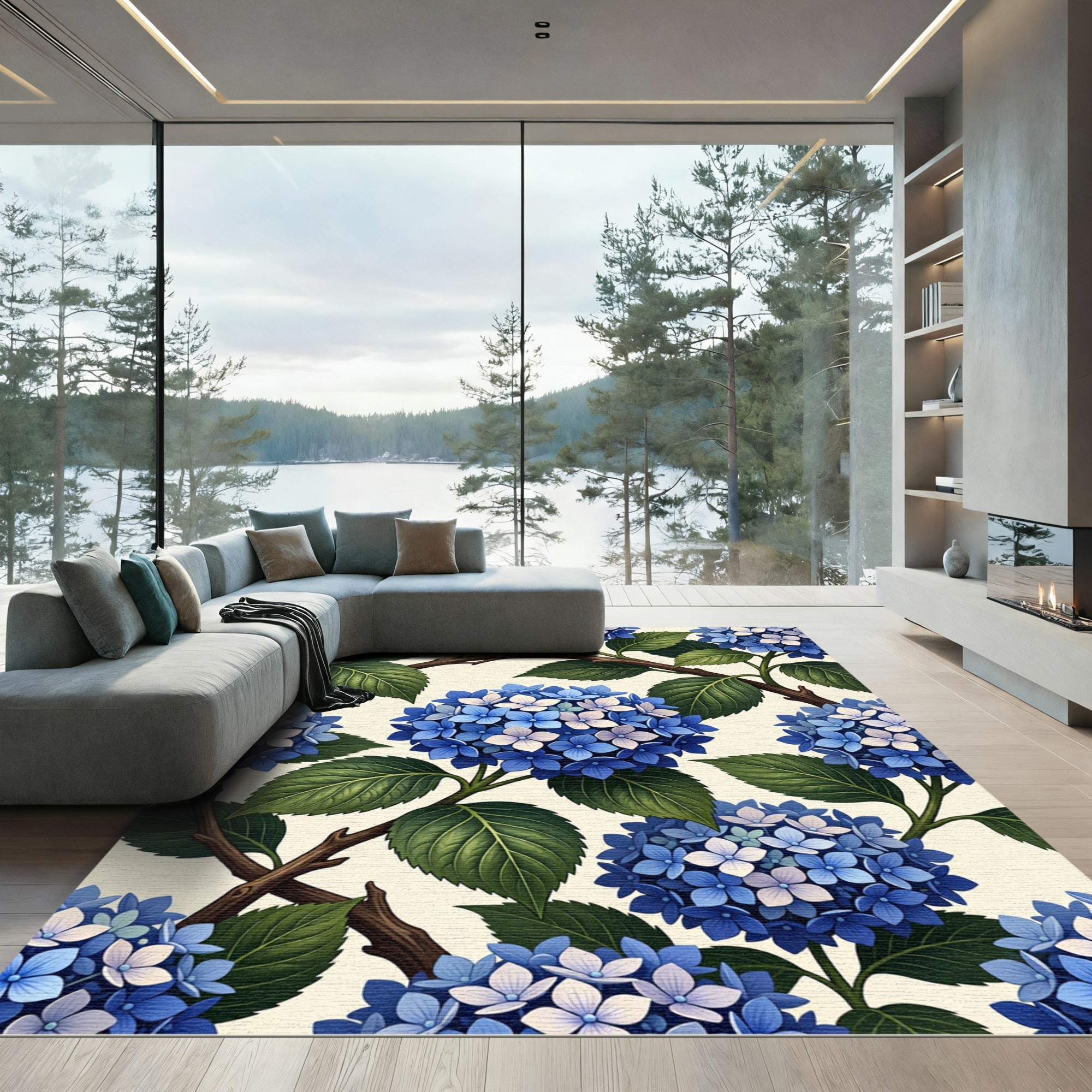 Blue Hydrangea Botanical Branch Trellis Rug