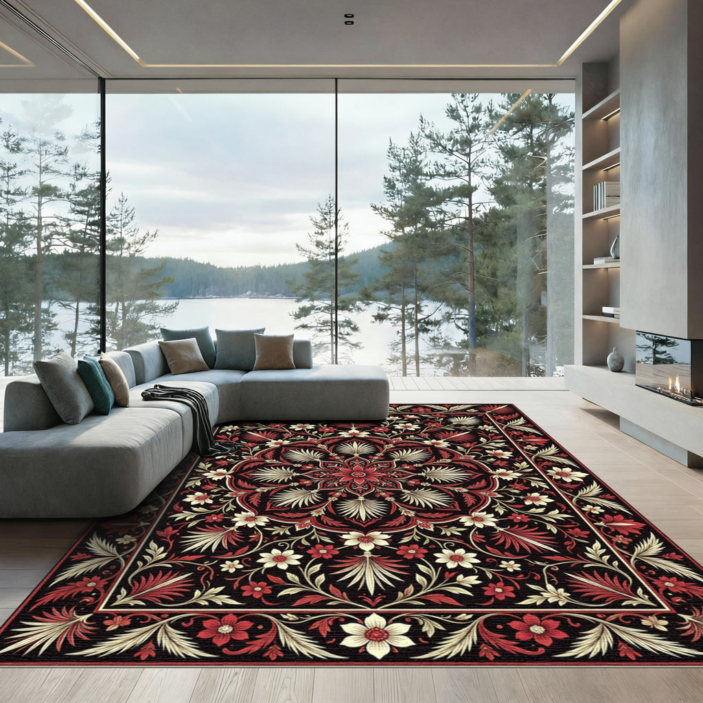 Grand Red Floral Medallion Bordered Rug