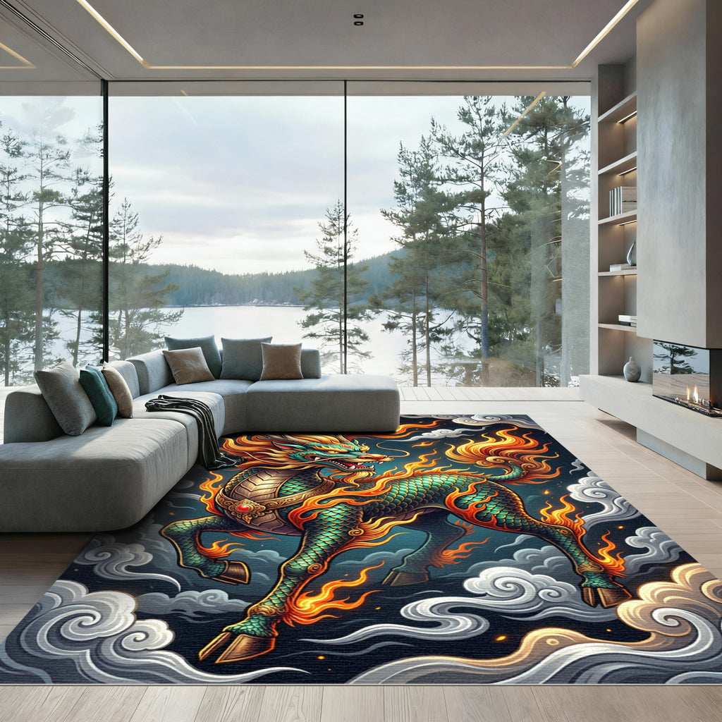 Emerald Mythical Qilin Flaming Dragon Rug