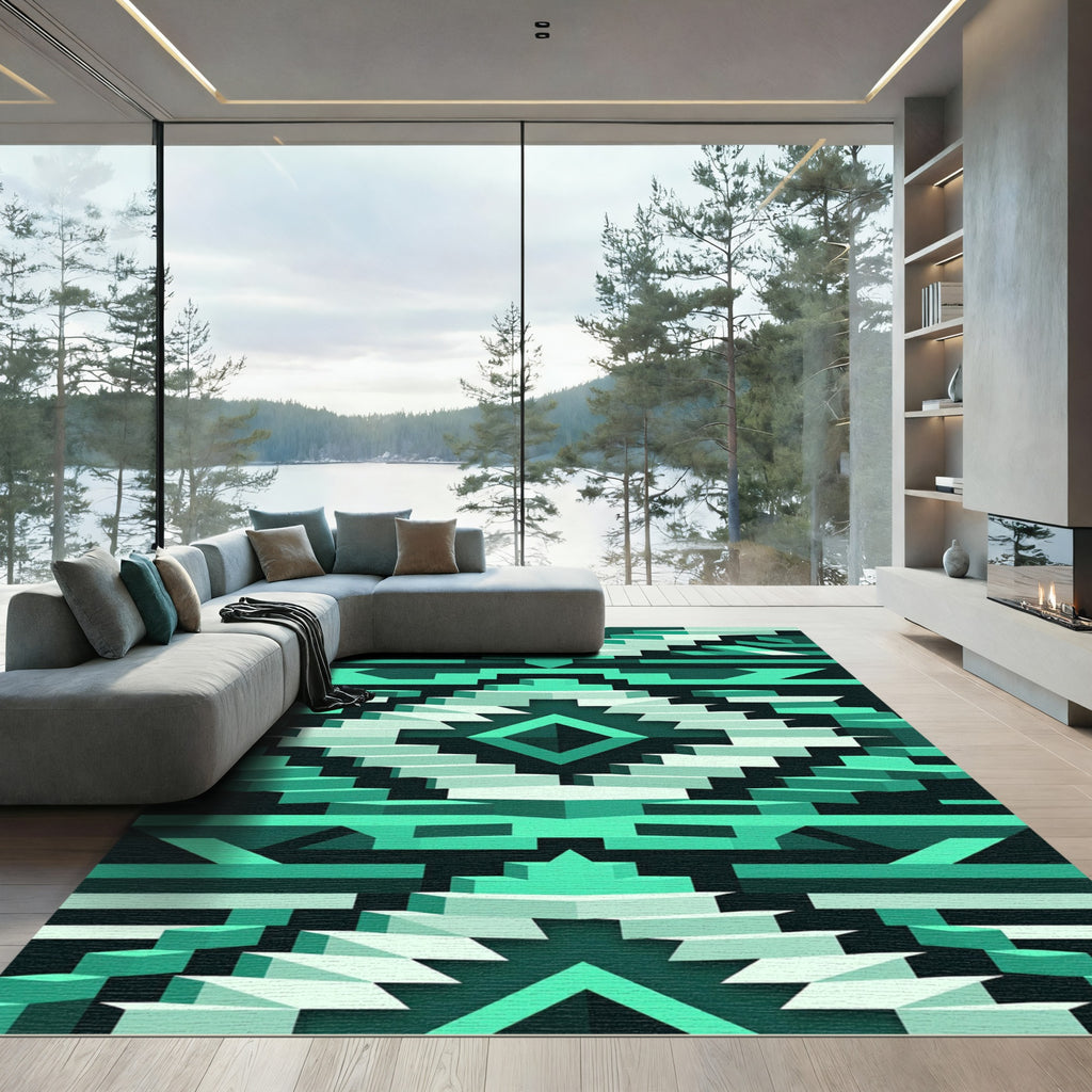 Teal Geometric Staircase Tribal Rug