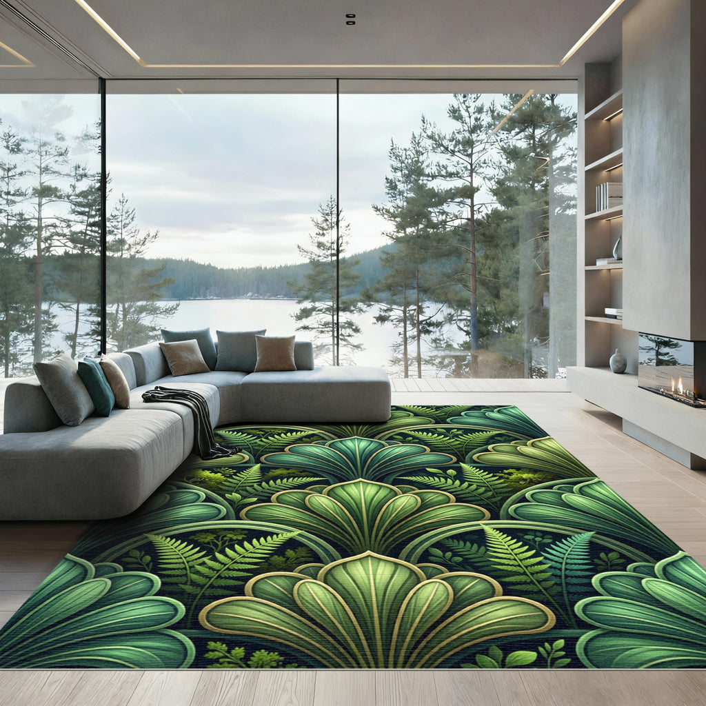 Lush Green Fern Fan Art Nouveau Rug