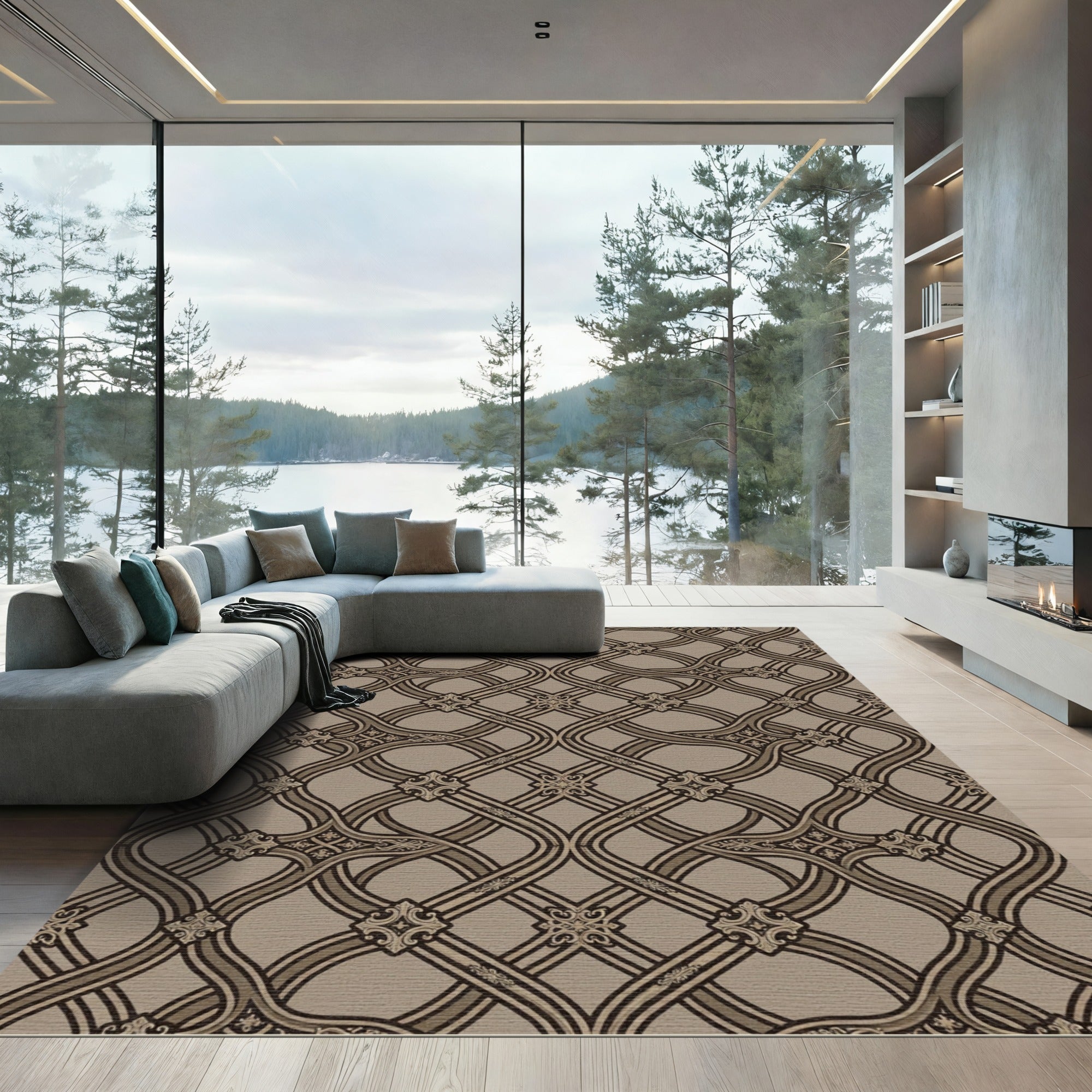 Brown Intertwined Geometric Trellis Rug