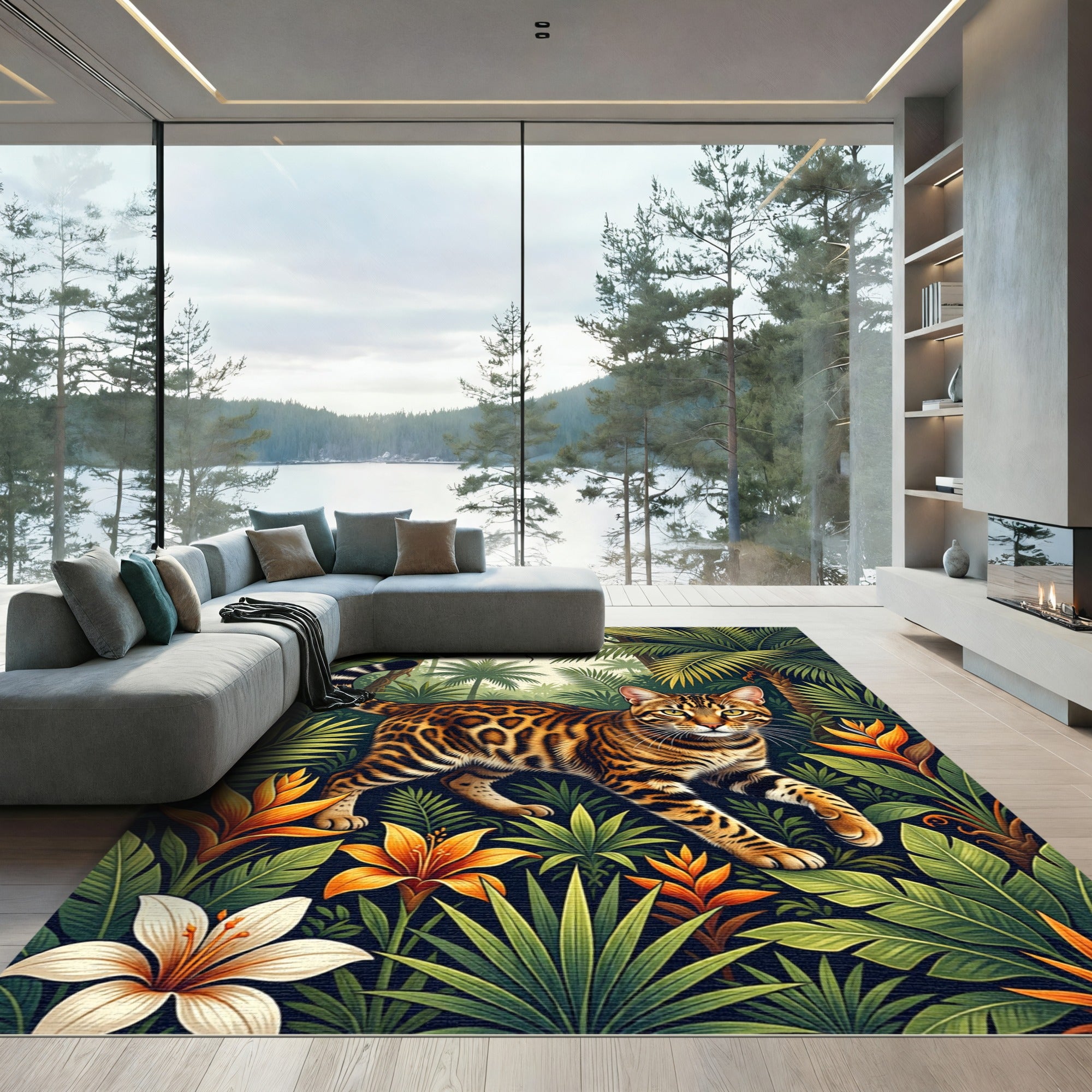 Lush Exotic Bengal Cat Jungle Tropical Rug