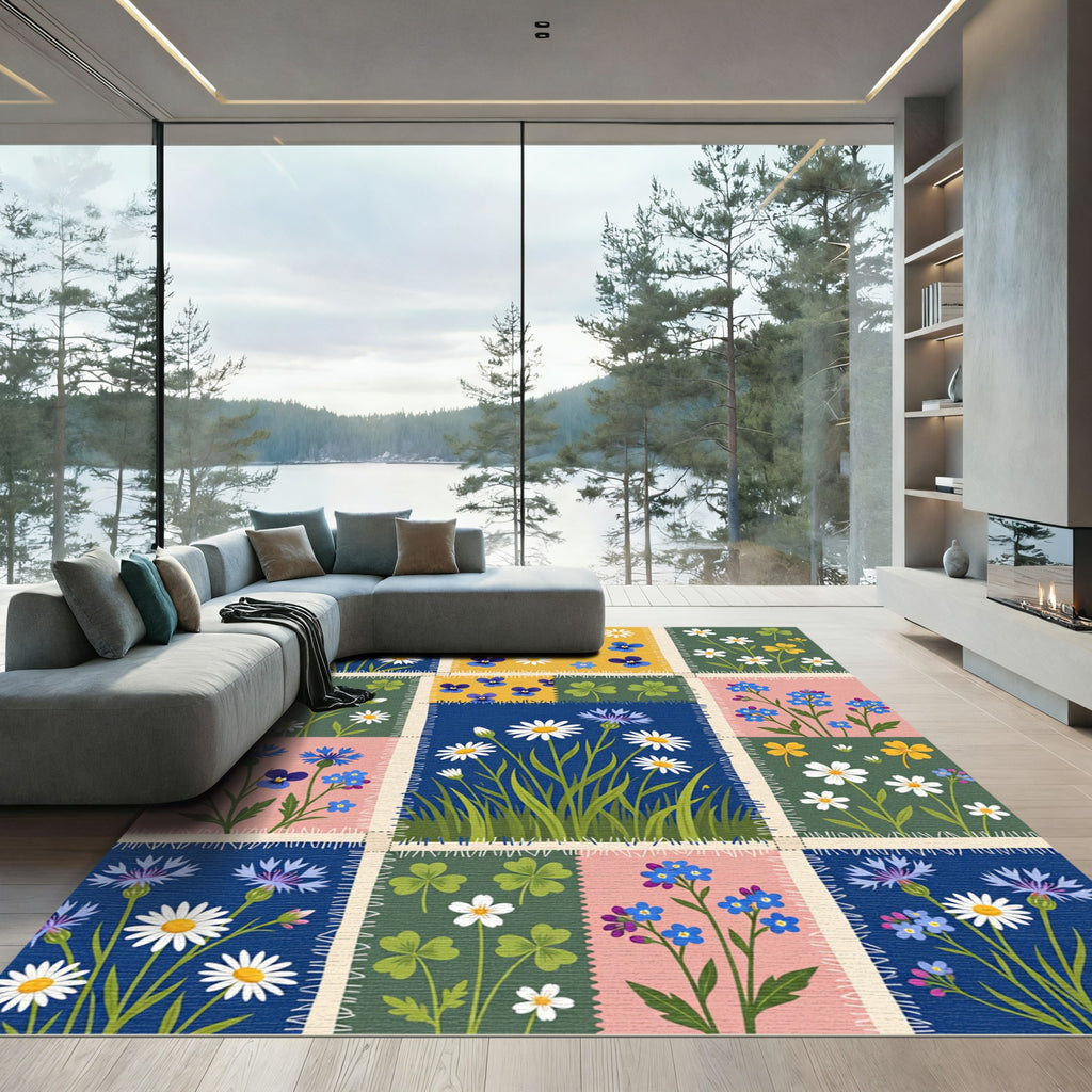Quilted Wildflower Botanical Patchwork Meadow Rug
