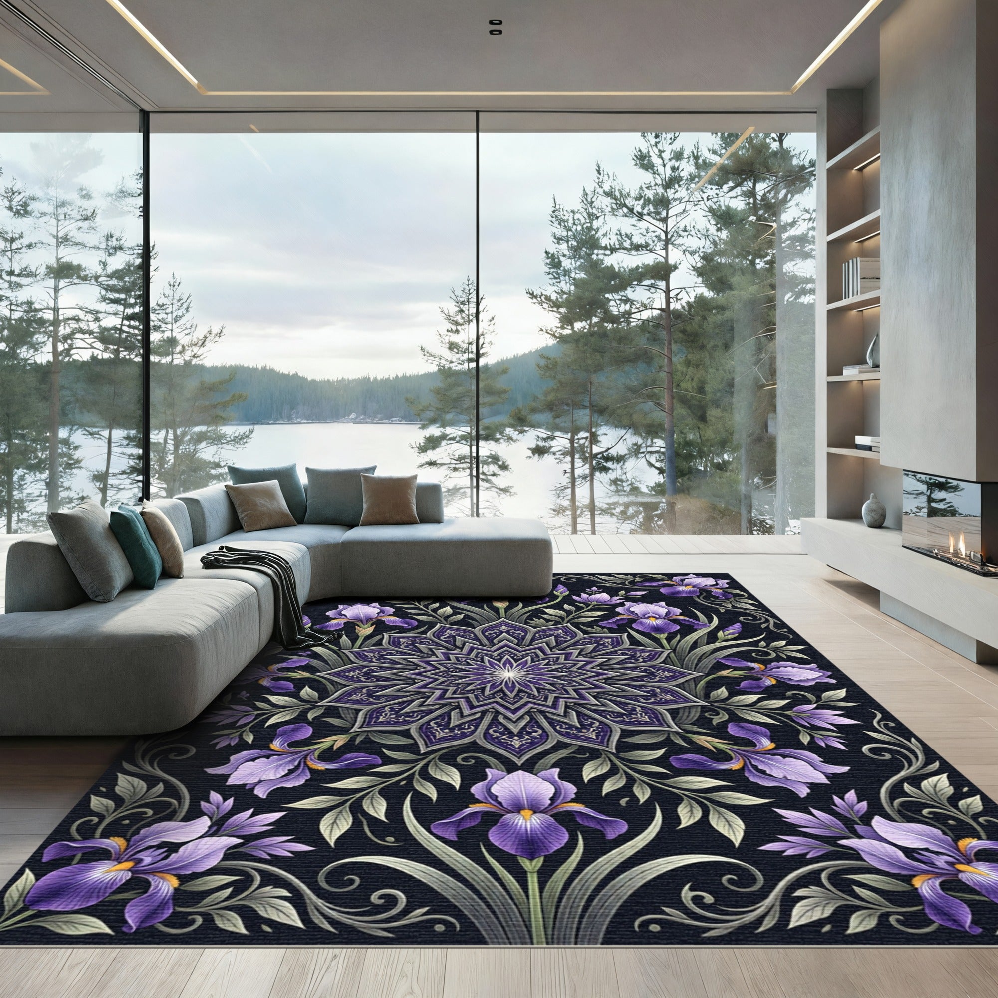 Elegant Violet Iris Mandala Botanical Rug
