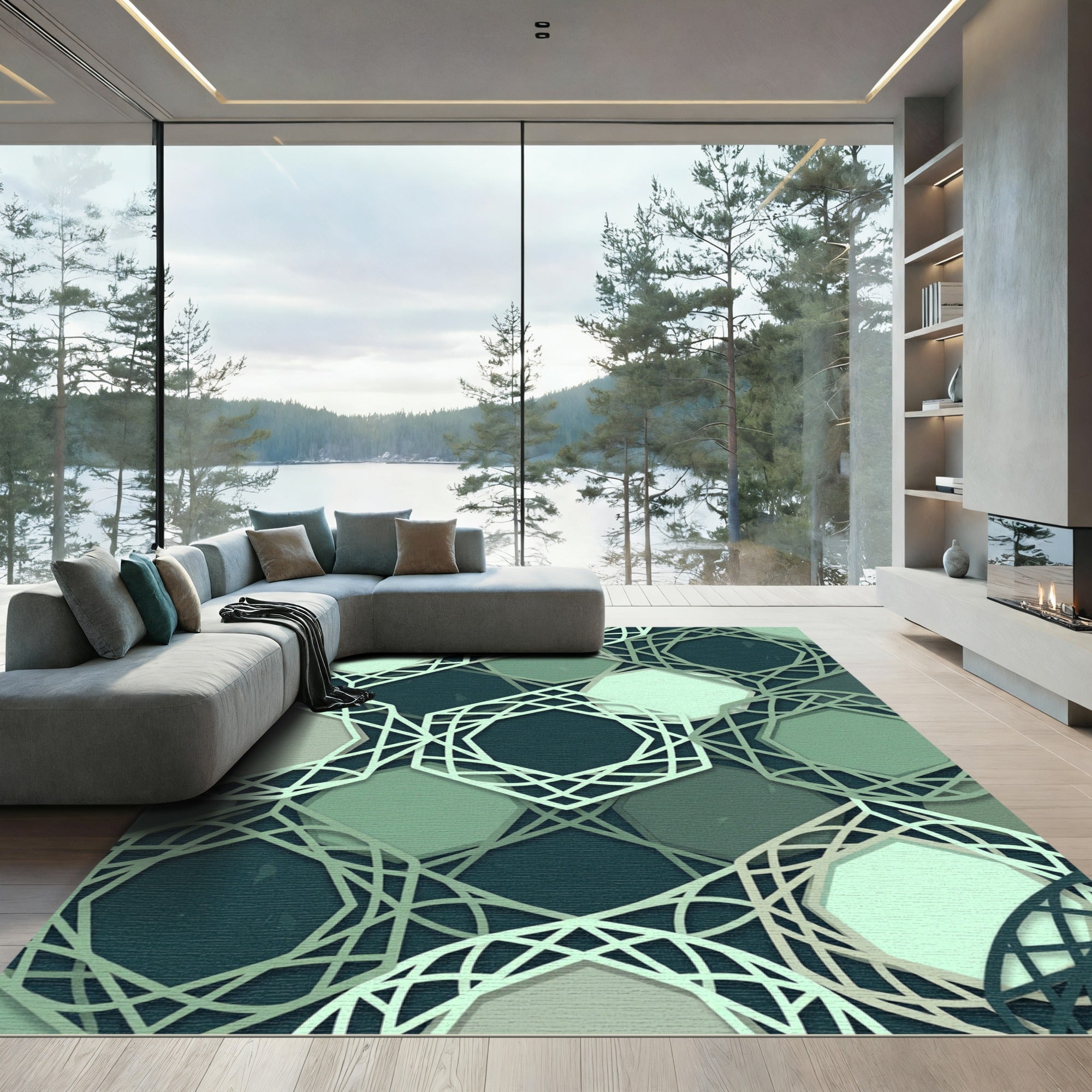 Sophisticated Sage Green Geometric Interlocking Hexagon Rug