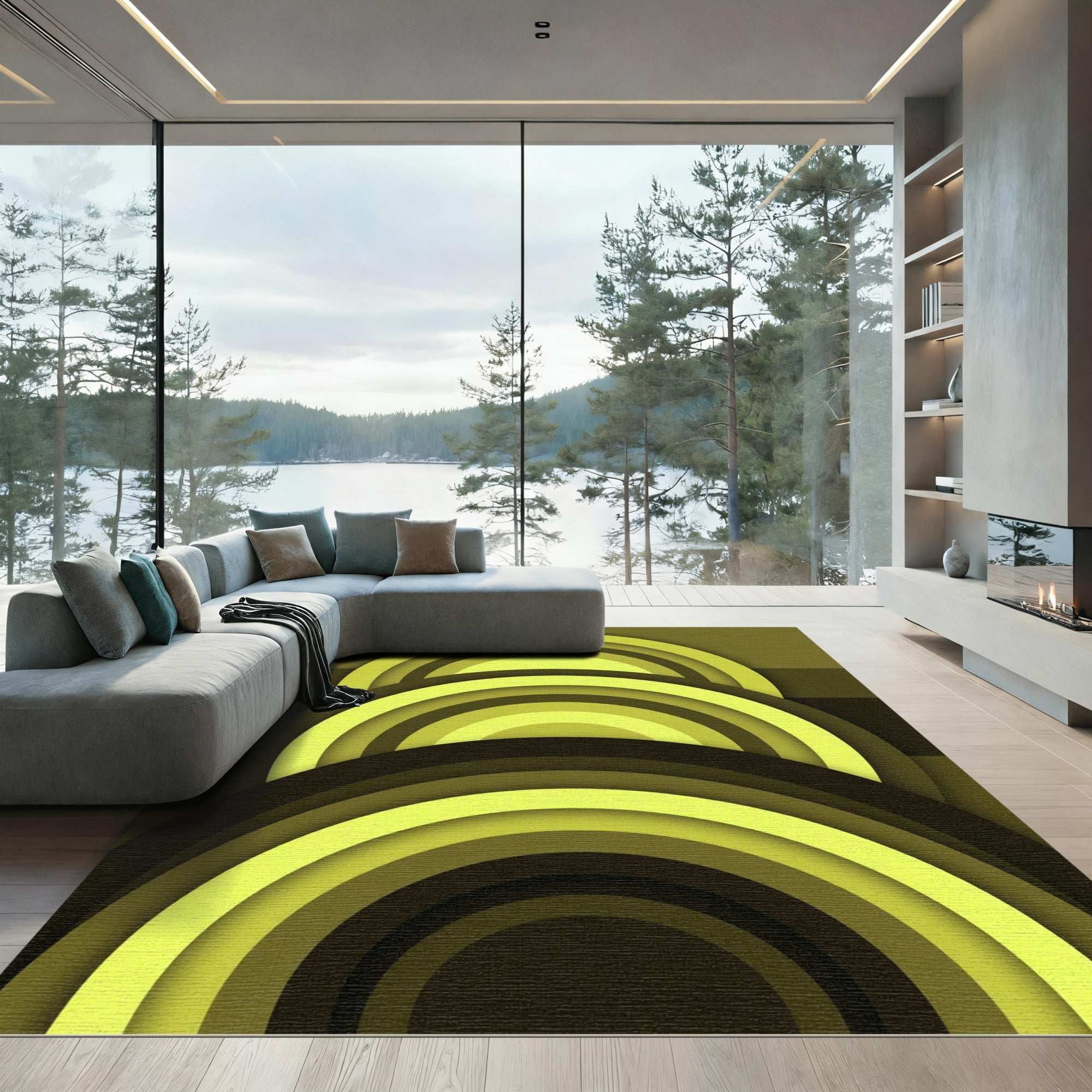 Modern Concentric Chartreuse Olive Arch Rug