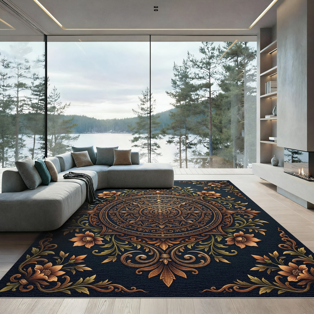 Ornate Golden Floral Mandala Navy Rug
