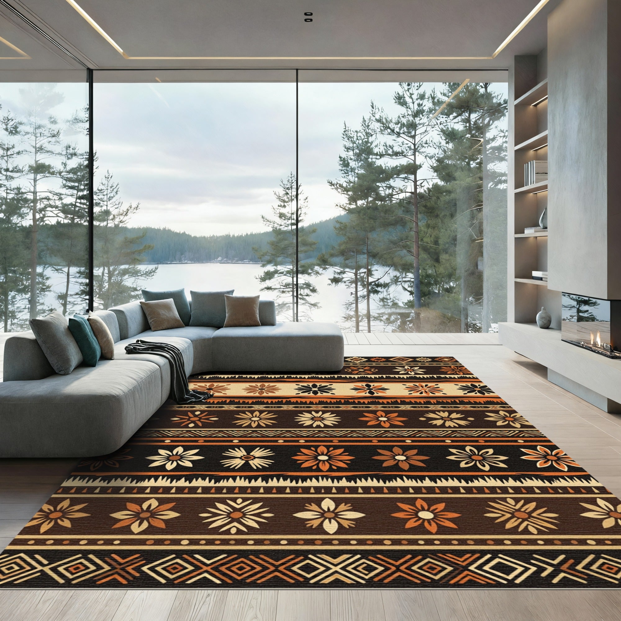 Earthy Brown Orange Floral Geometric Stripes Rug