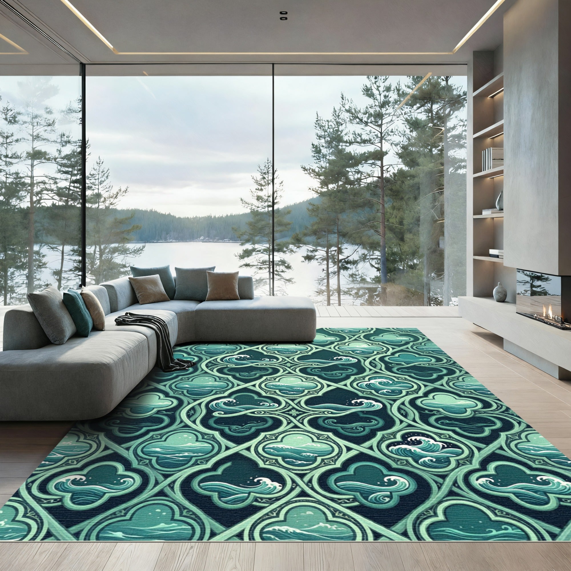 Teal Gothic Ocean Wave Trellis Rug