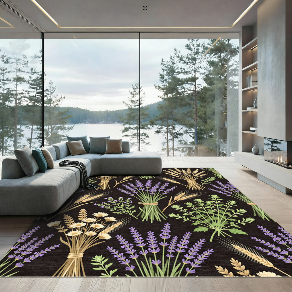 Botanical Lavender Wheat Floral Black Meadow Rug