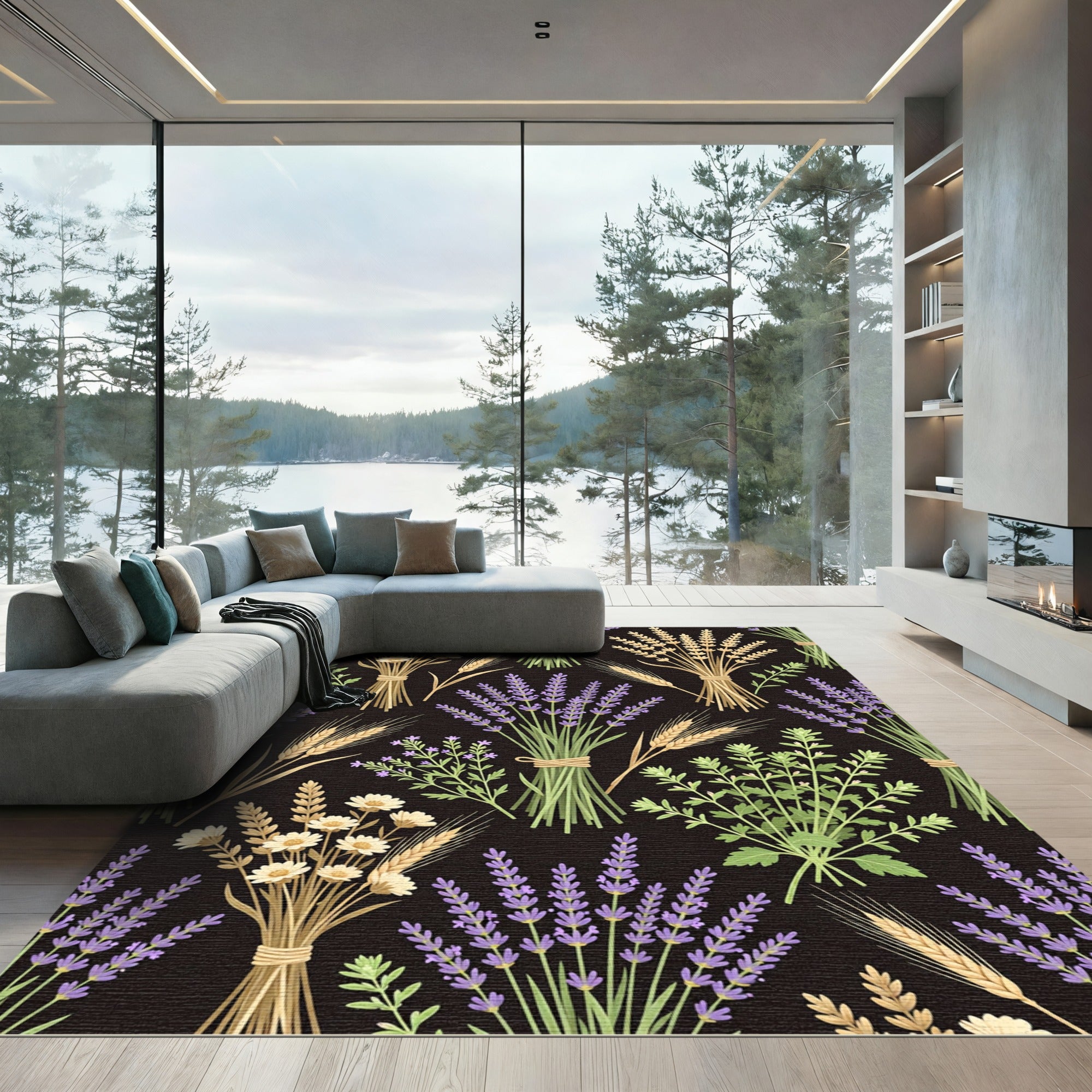 Botanical Lavender Wheat Floral Black Meadow Rug