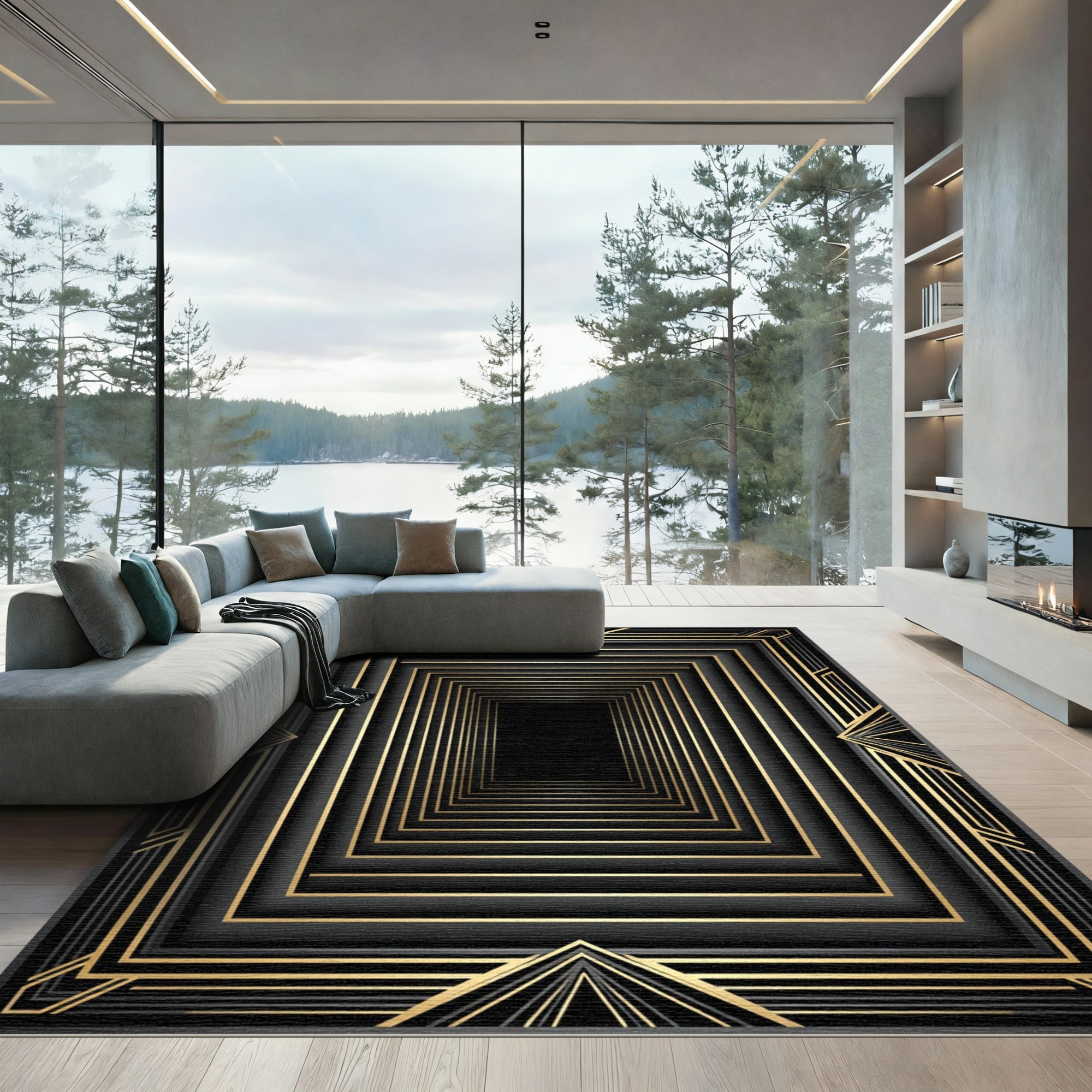 Modern Gold Black Geometric Tunnel Rug