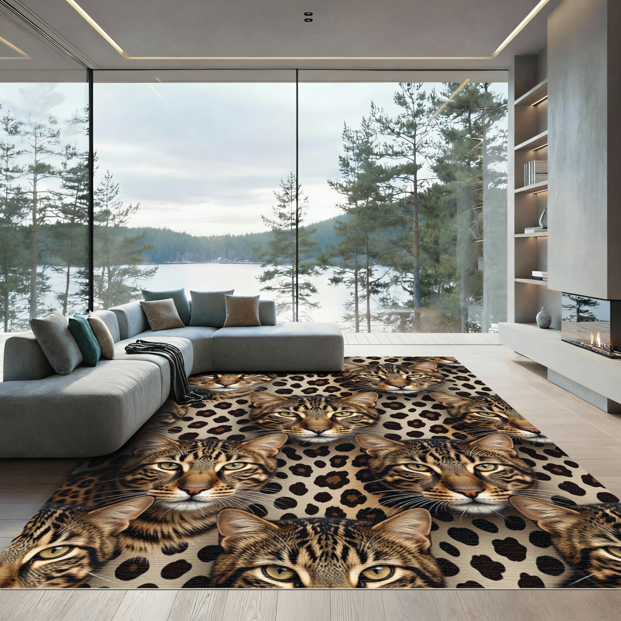 Spotted Cat Faces Leopard Print Rug