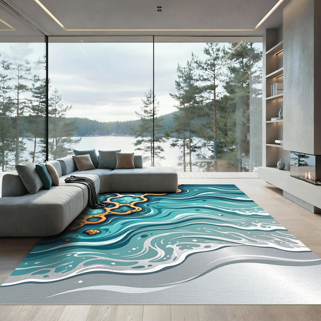 Abstract Teal Wave and Ochre Coral Rug