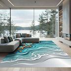 Abstract Teal Wave and Ochre Coral Rug