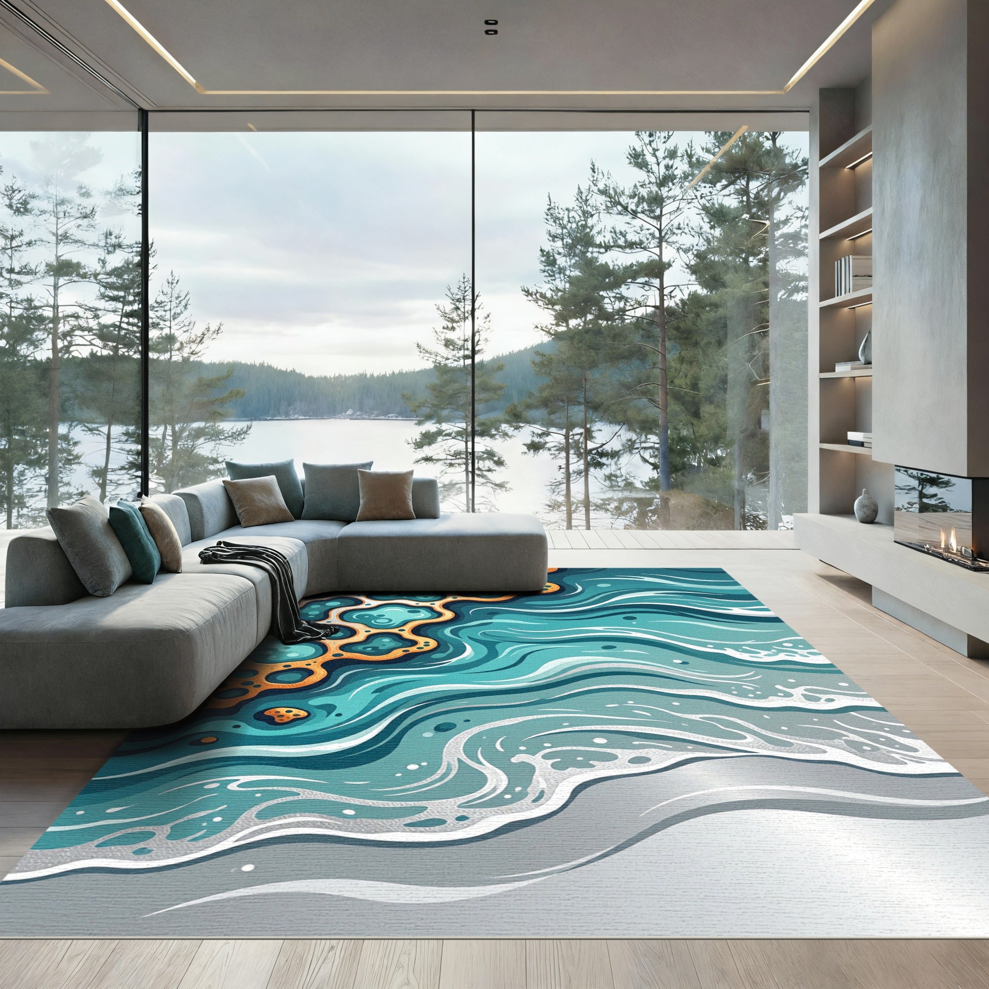 Abstract Teal Wave and Ochre Coral Rug