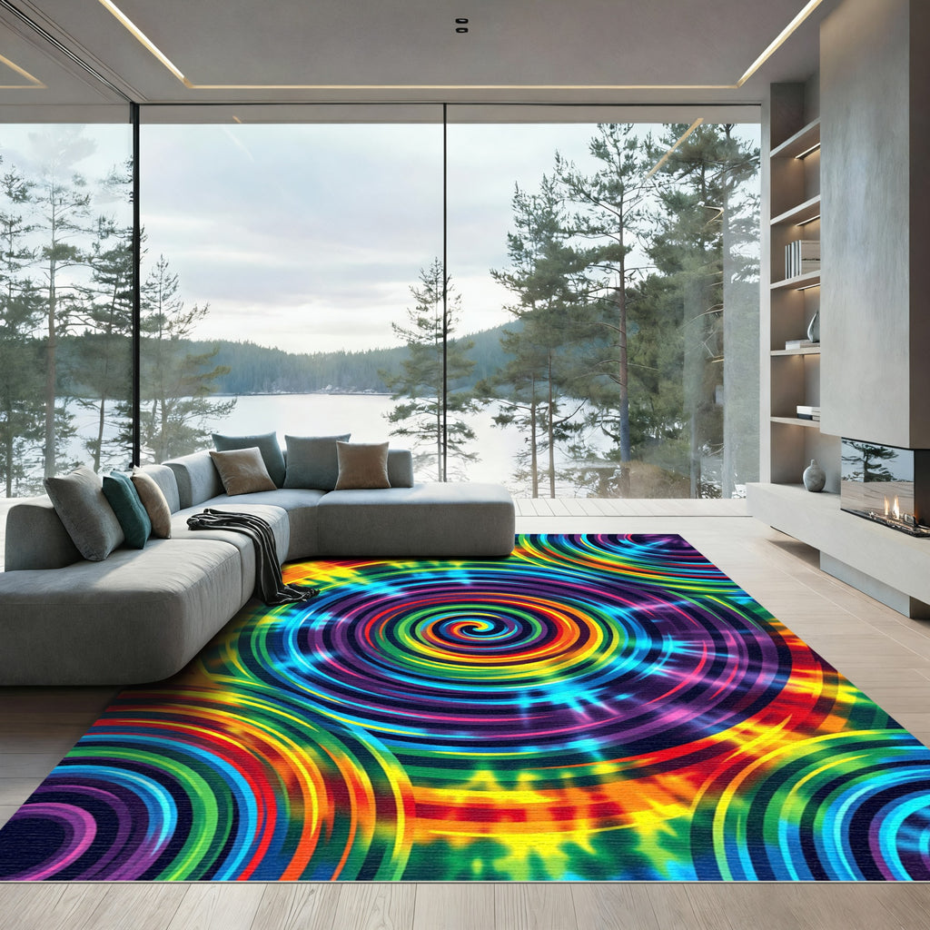 Vibrant Psychedelic Rainbow Concentric Swirl Rug