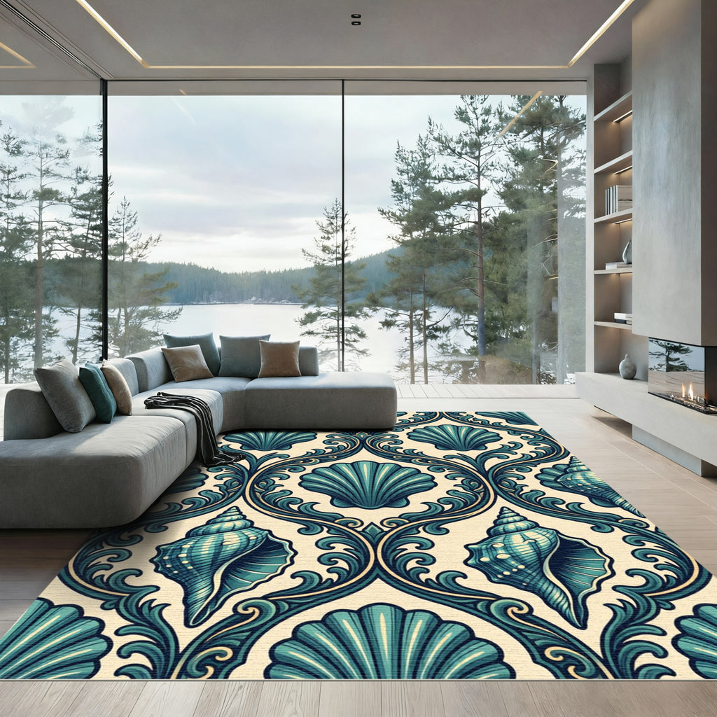 Coastal Teal Seashell Damask Rug