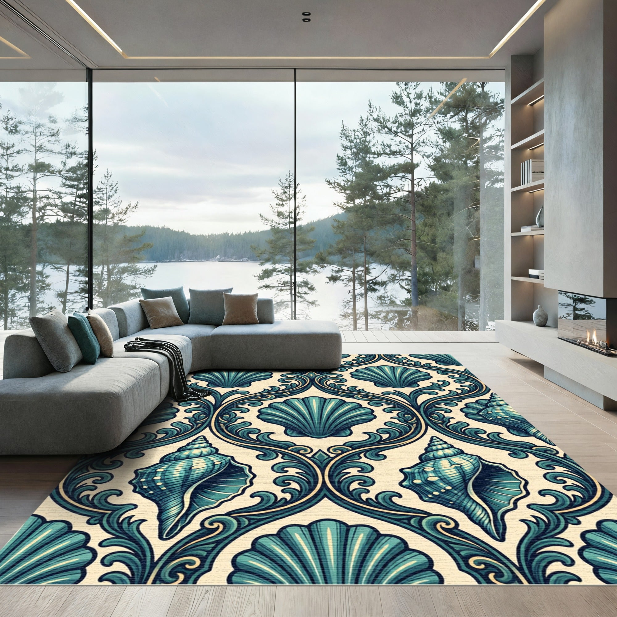 Coastal Teal Seashell Damask Rug