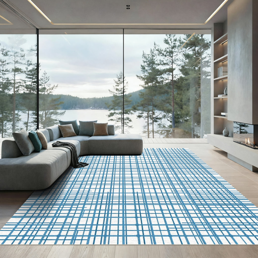 Blue Structured Linear Grid Rug