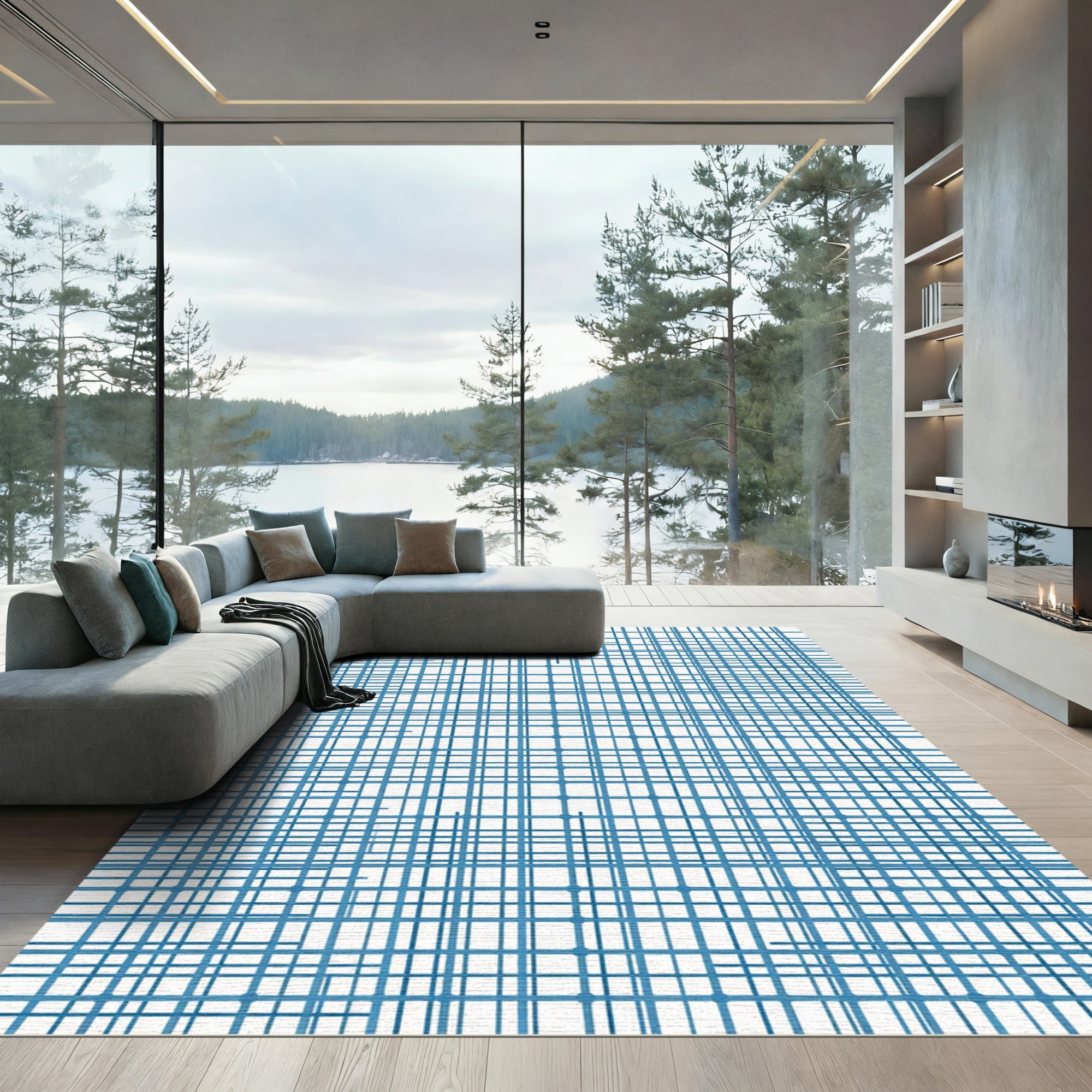 Blue Structured Linear Grid Rug