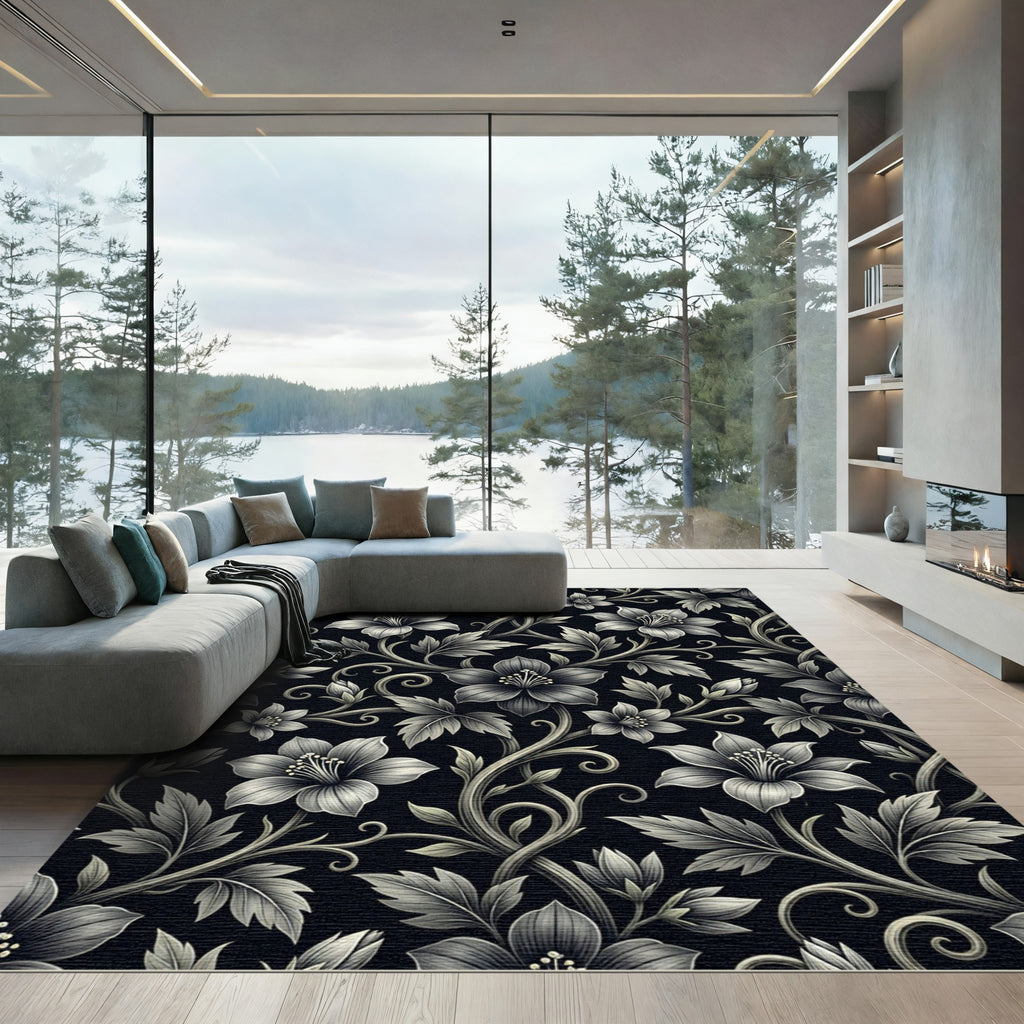 Monochromatic Floral Scroll Garden Rug