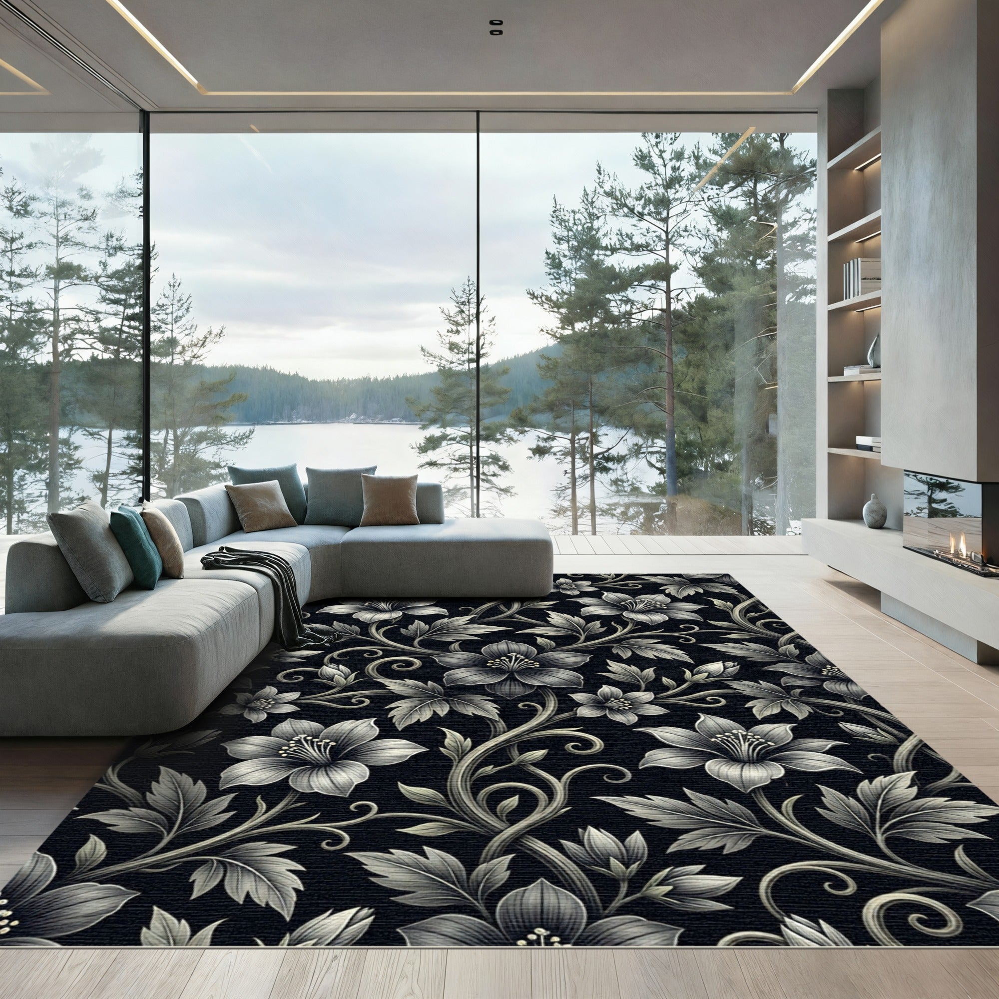 Monochromatic Floral Scroll Garden Rug