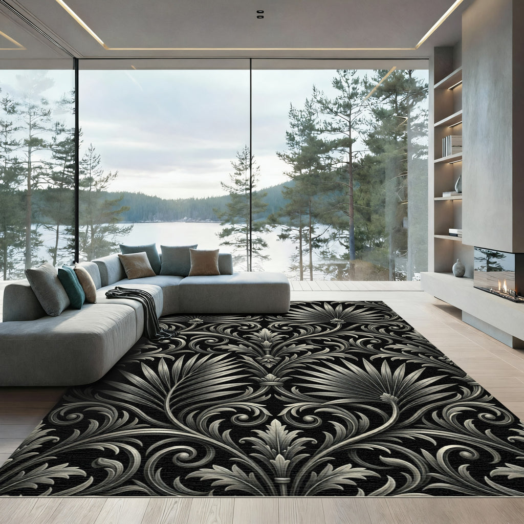 Ornate Silver Palm Leaf Scrollwork Rug
