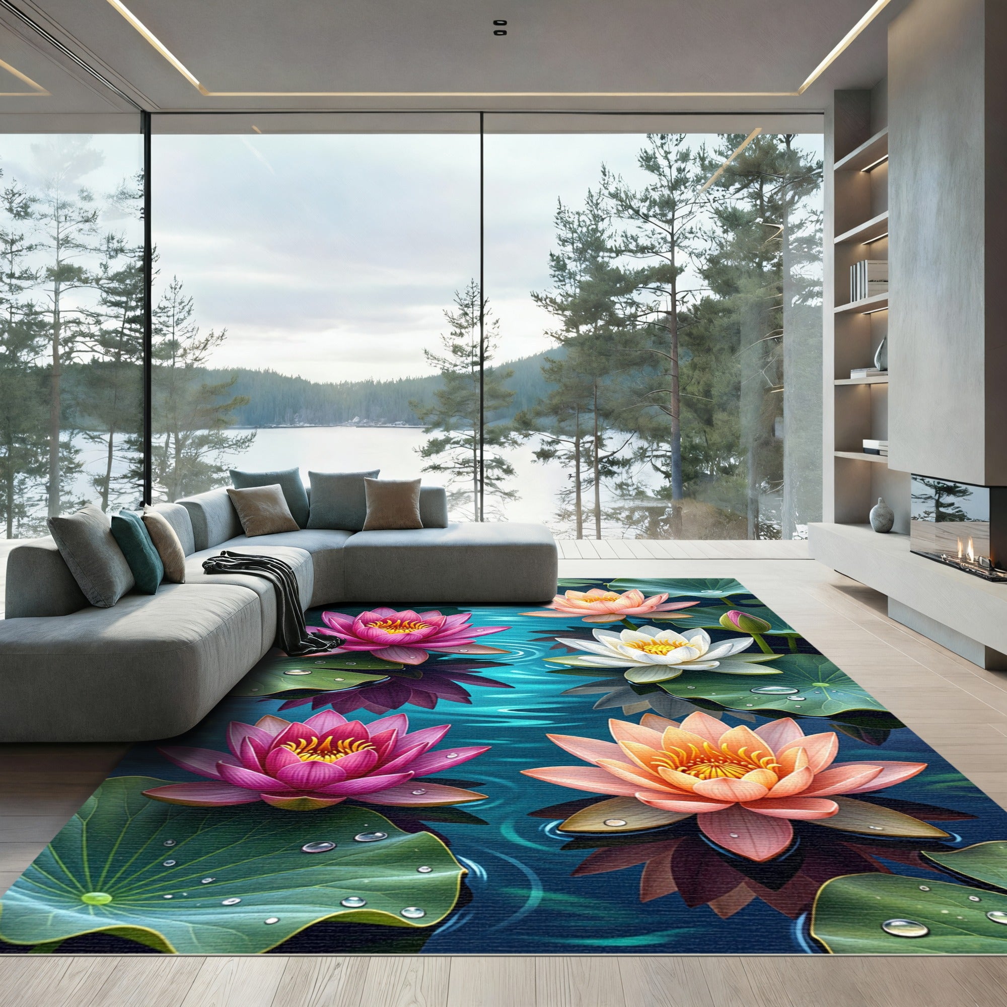 Vibrant Pink and White Lotus Pond Rug