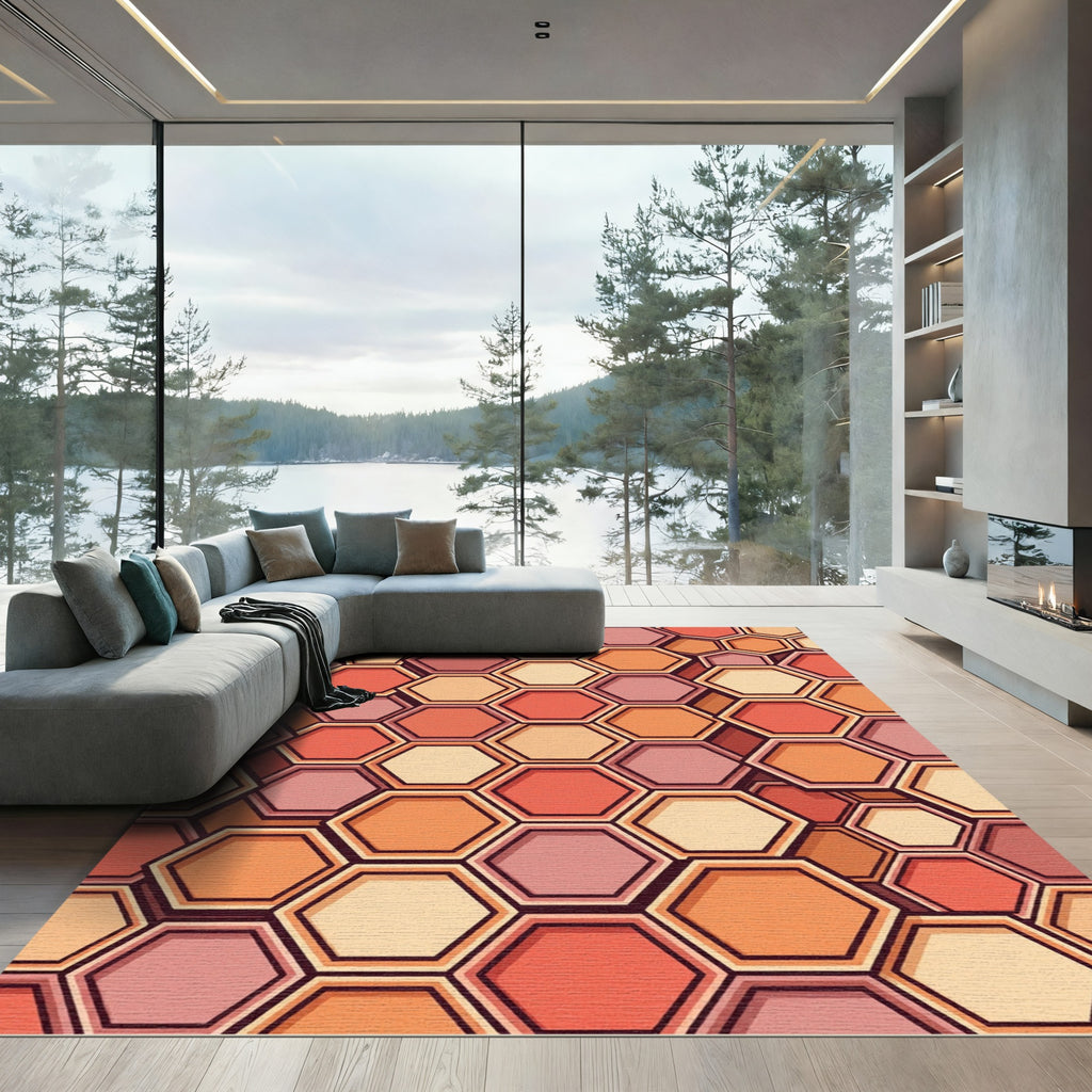 Warm Tone Hexagonal Geometric Abstraction Rug