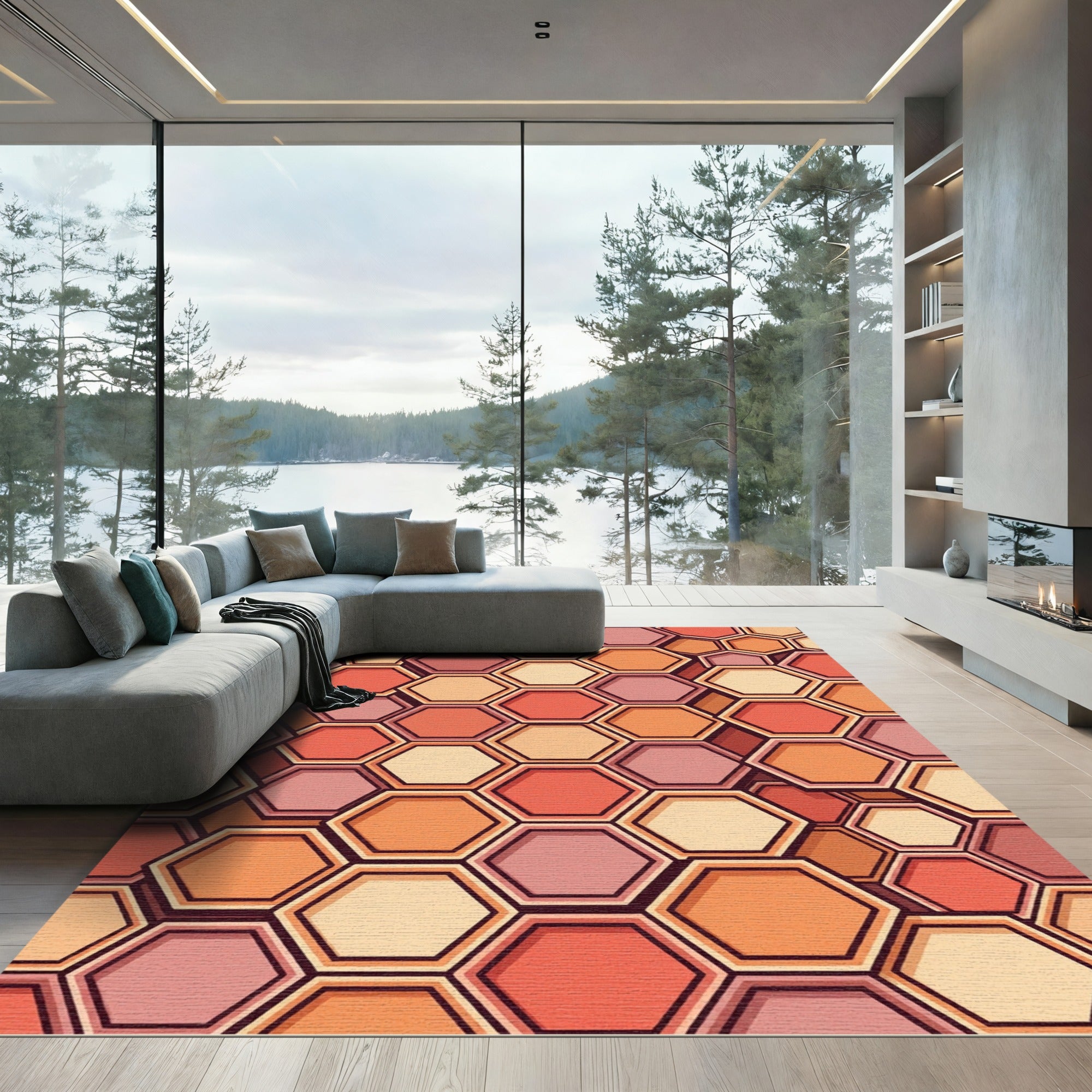 Warm Tone Hexagonal Geometric Abstraction Rug