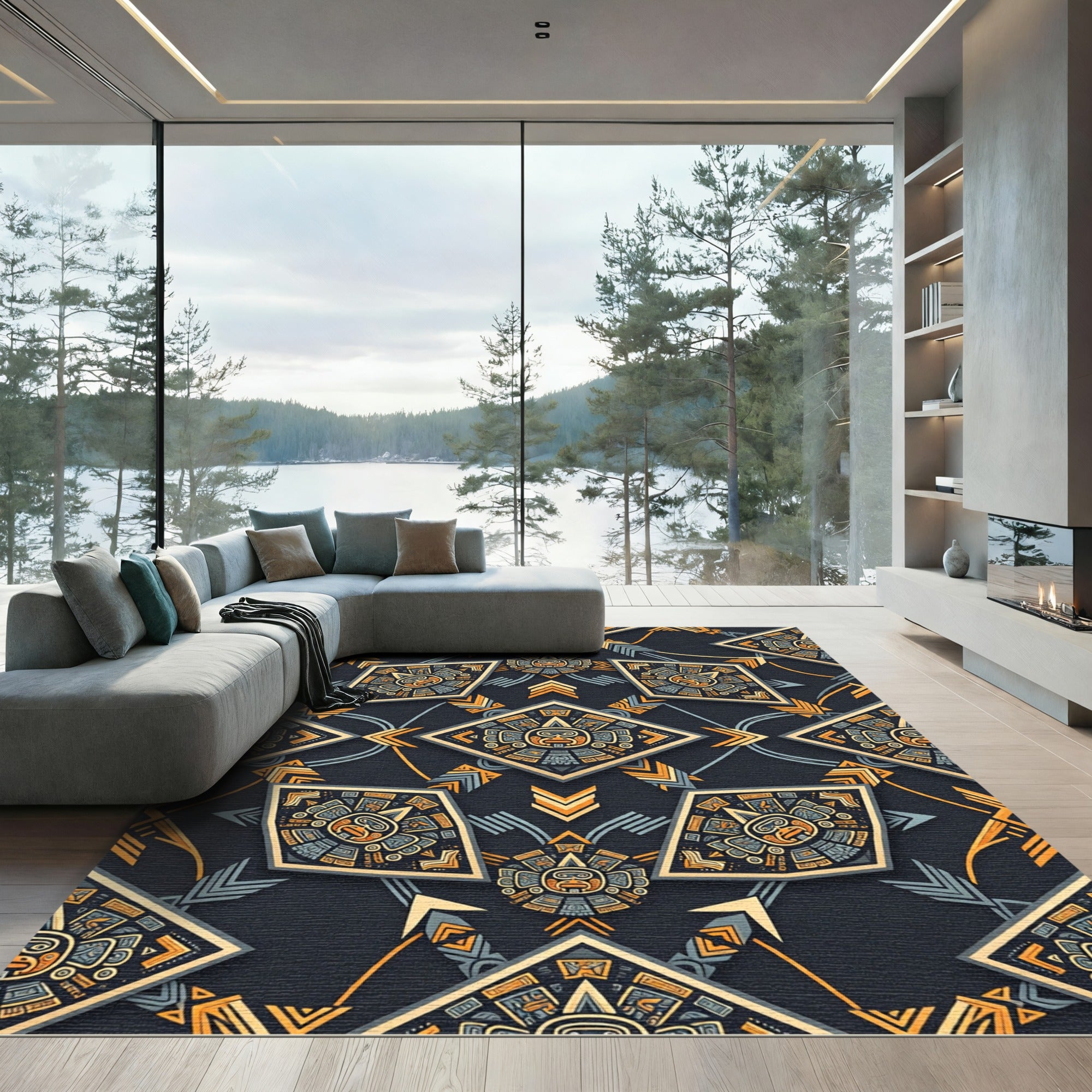 Aztec Geometric Gold Slate Square Rug
