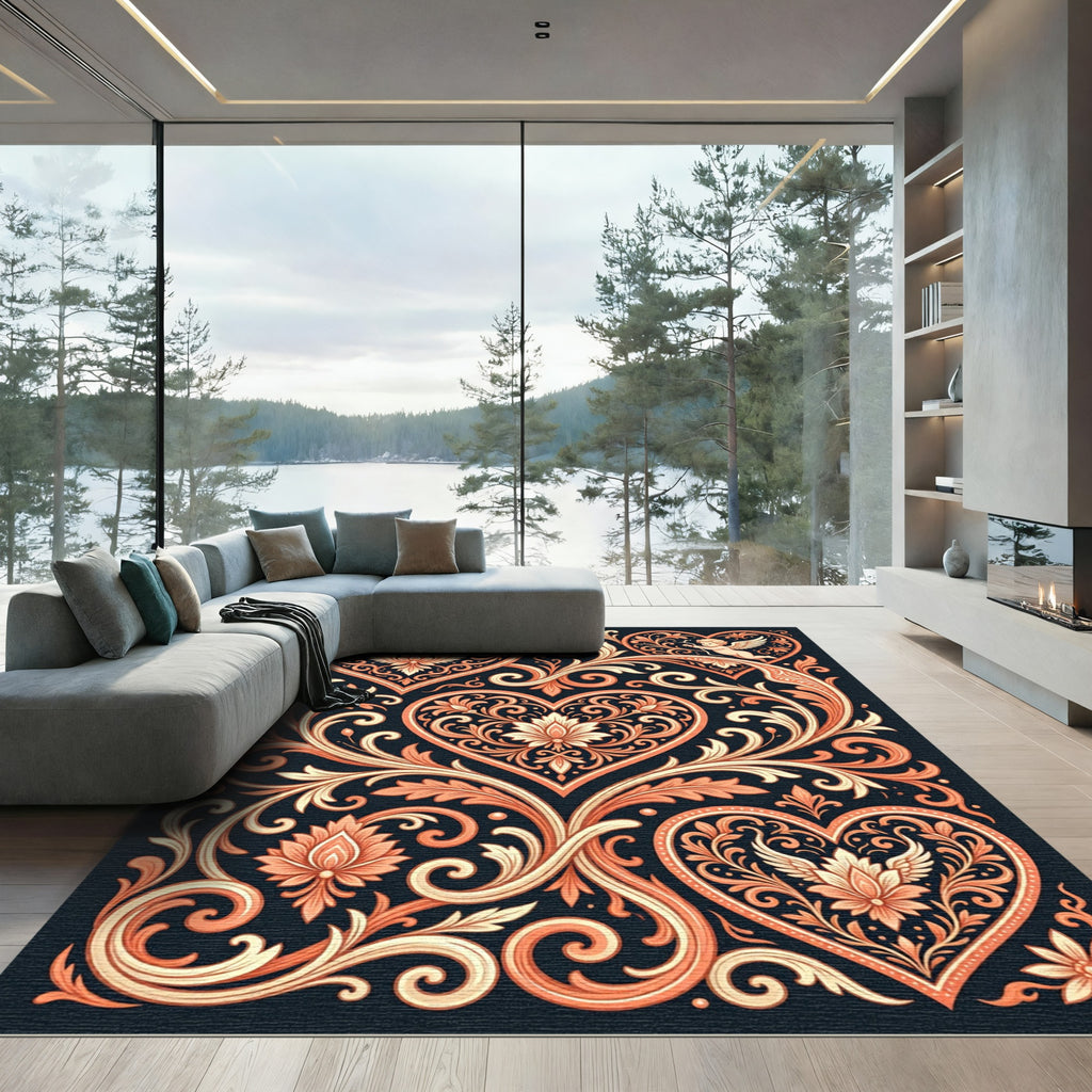 Ornate Pink Heart Floral Scroll Rug