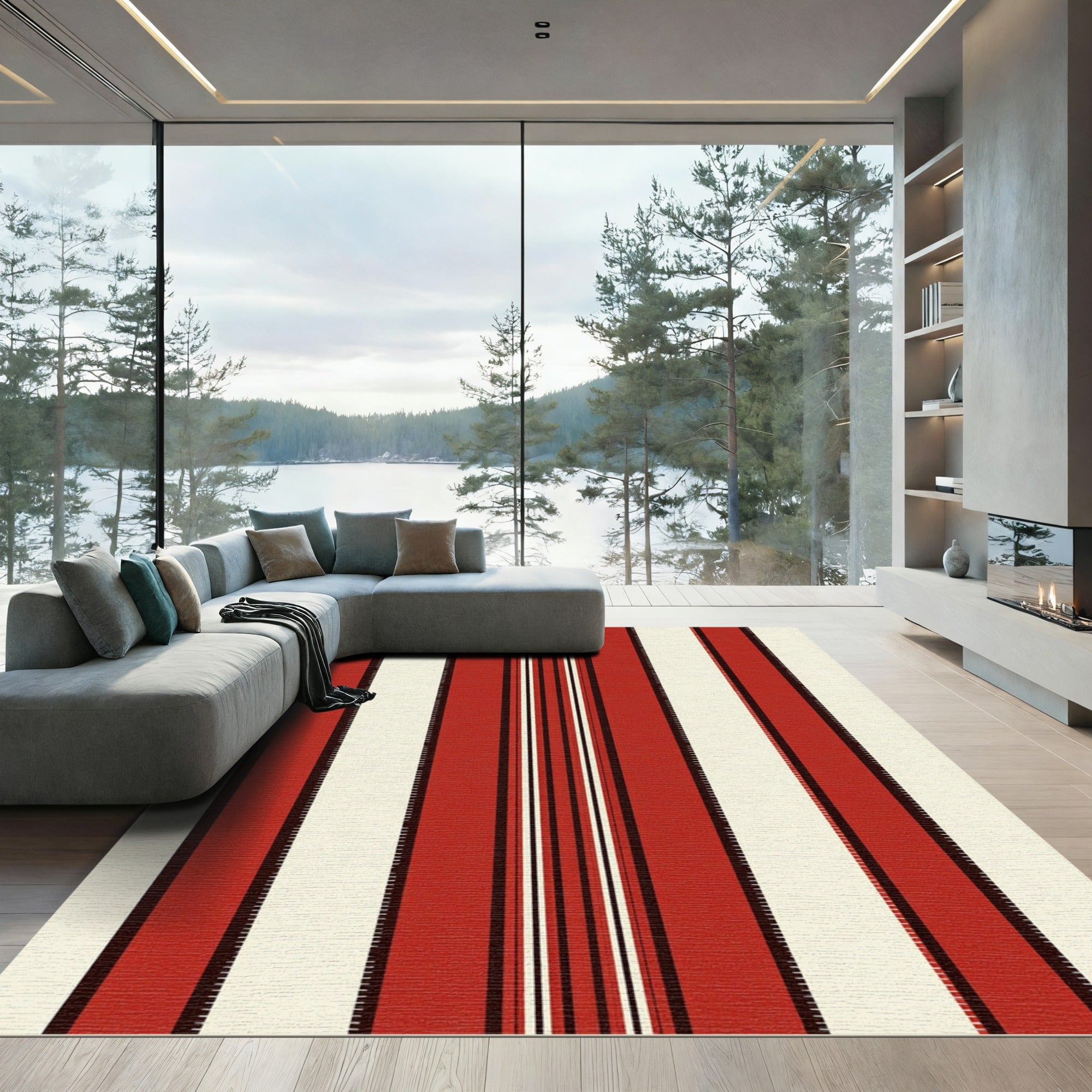 Bold Red Off White Vertical Stripes Rug