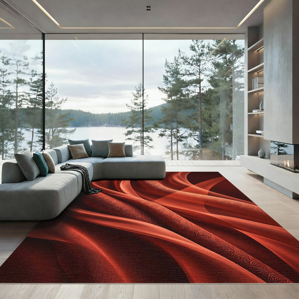 Crimson Silk Fan Waves Rug