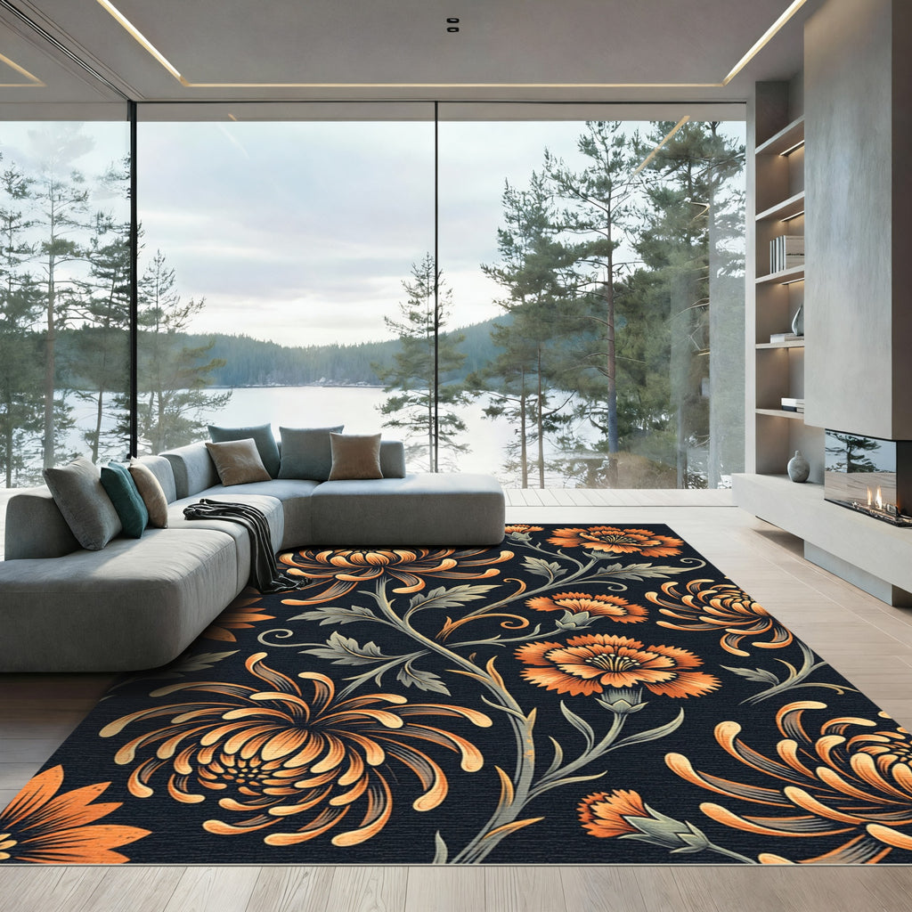 Amber Chrysanthemum Floral Botanical Art Rug