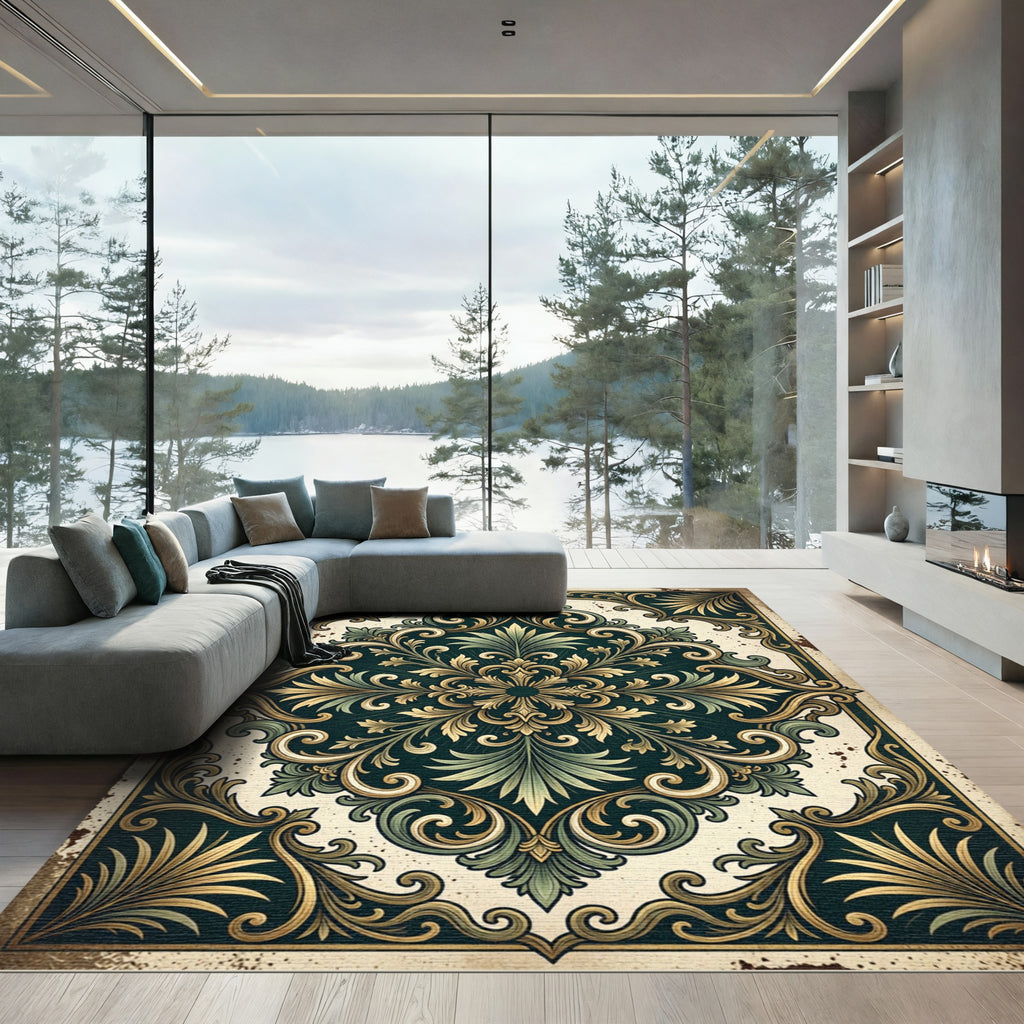 Antique Emerald Gold Ornate Foliage Medallion Rug