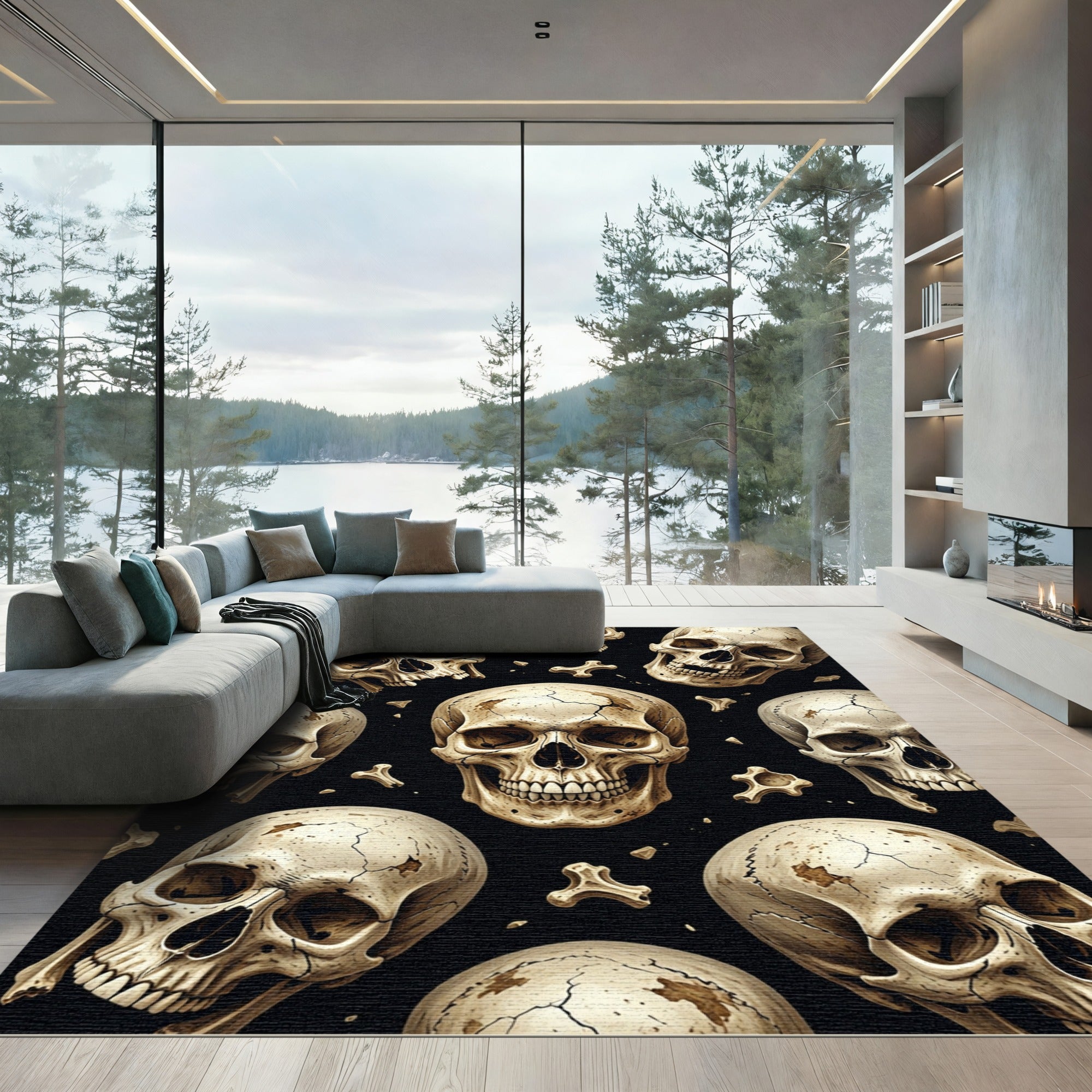 Dark Gothic Cranium Bone Scatter Rug