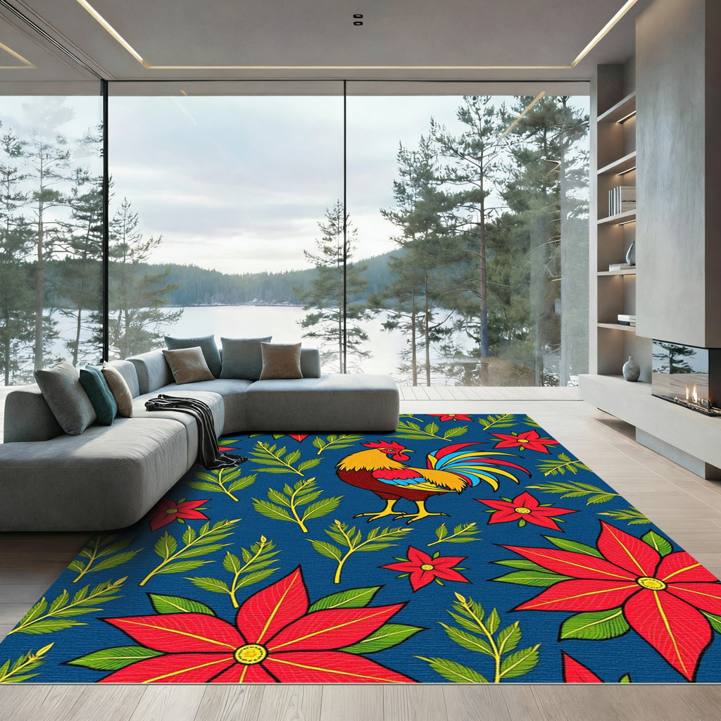 Bold Crimson Rooster Floral Collage Rug