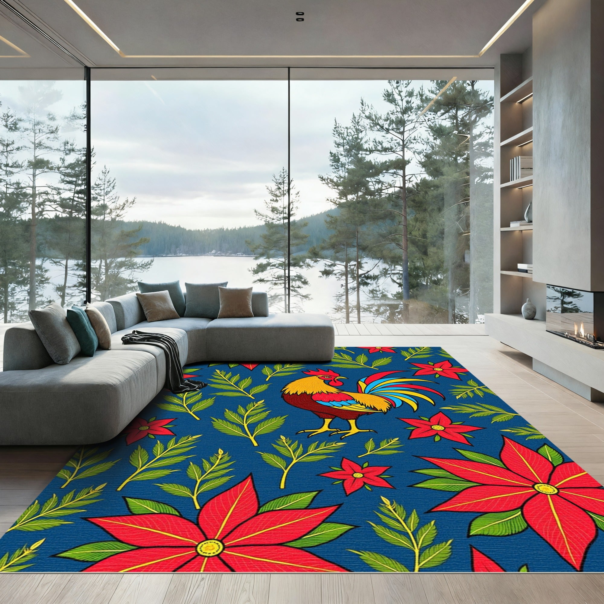 Bold Crimson Rooster Floral Collage Rug