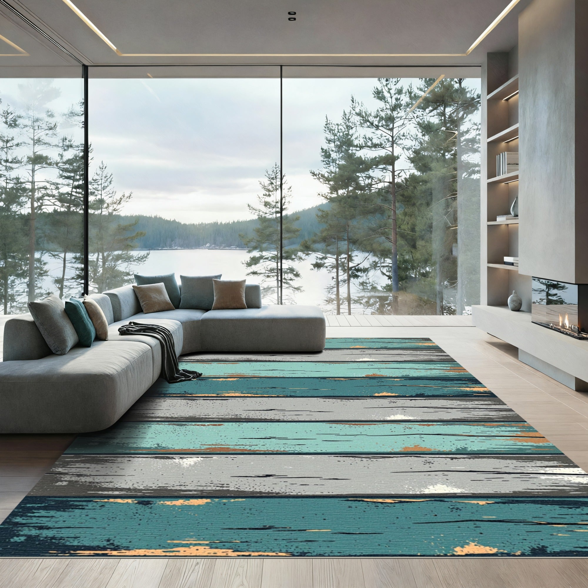 Distressed Wood Grain Teal Gray Rug