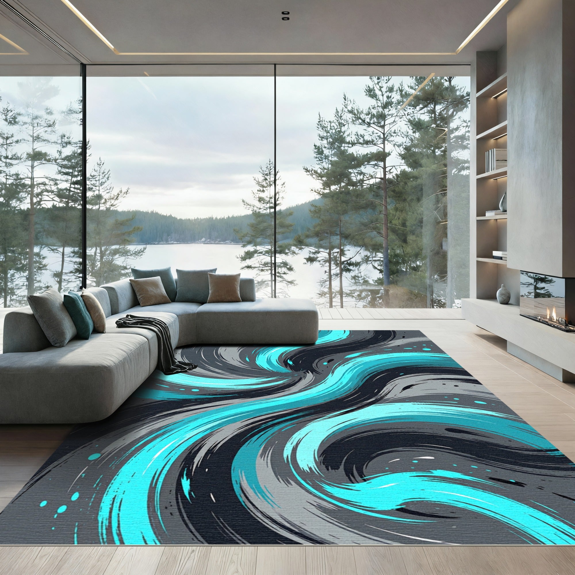 Aqua Swirl Brushstrokes on Gray Rug