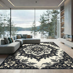 Elegant Monochrome Floral Medallion Square Centerpiece Rug