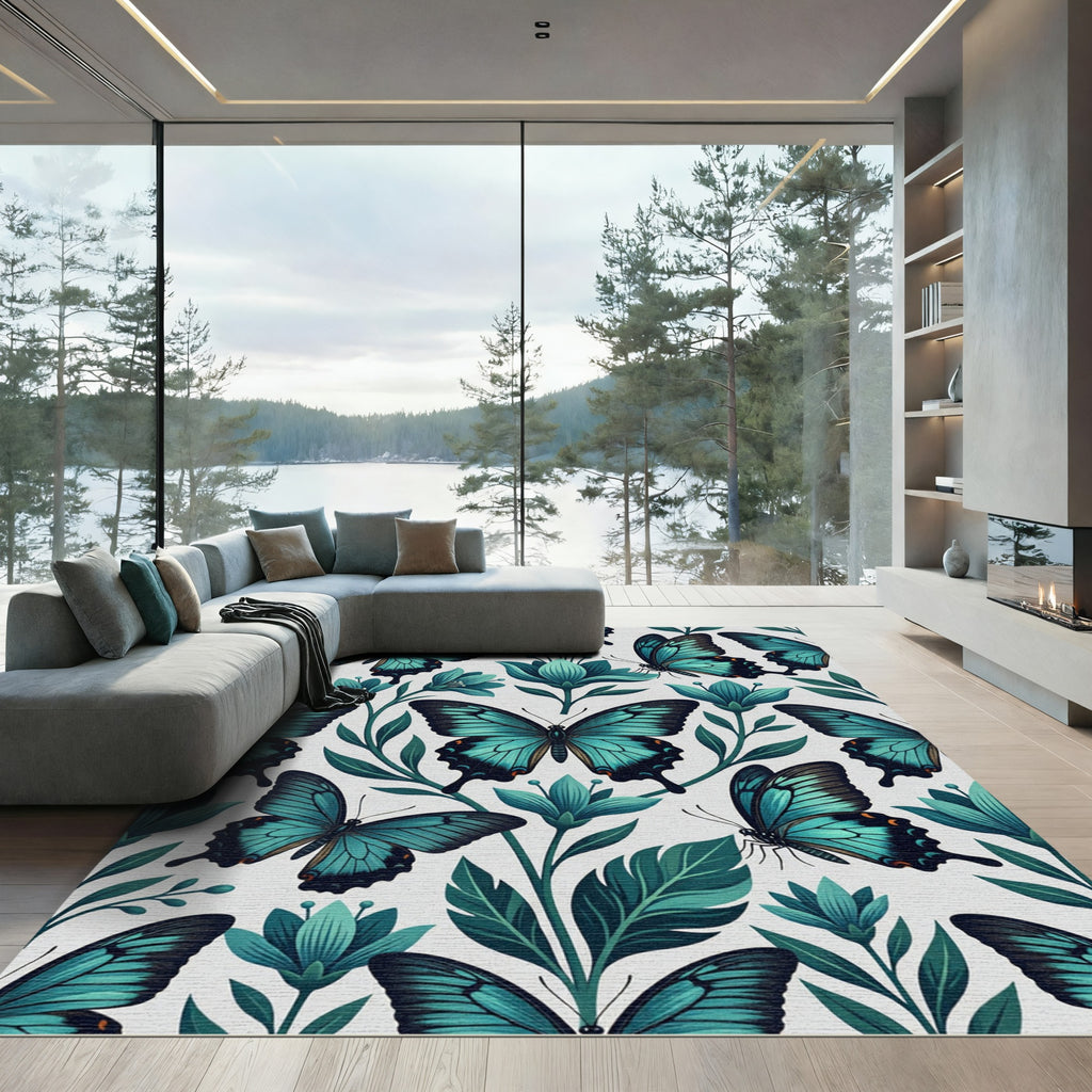 Teal Butterfly and Botanical Garden Rug